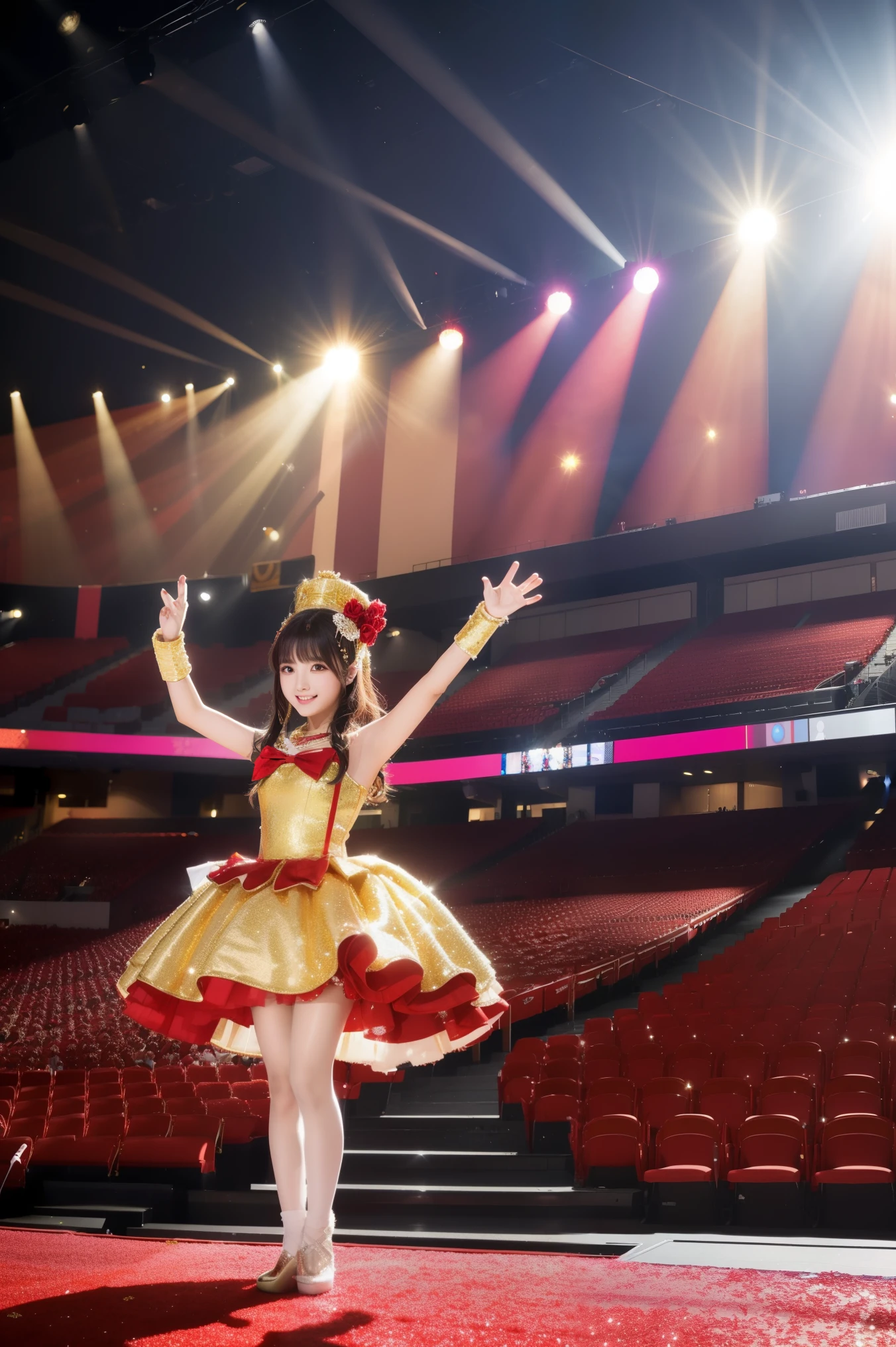 Popular idol concerts, wearing idol costume : Luxurious costumes :Red and gold and white,Sparkling, Sequins ,lame,ribbon, hair ornament,Sparkle,Concert venue background,Concert venue lighting,Beautiful Shadows, Second time'Tzuyu, Young and Cute Idol,, cowboy shot, medium long with ingrown curls, Fresh Young Japanese Woman , Cute idol sculpture, 🚿🗝📝, Young Idol, Young and slim idol, smile, NFW, table top, Award-winning, 8k, top quality, smile refreshingly, Haruka Ayase, Assist 々Kiki , Kanade Hashimoto, Mai Shiraishi, Nishino Nanase, Watanabe Ume, Yuki Yoda, Assist 々xylophone, Aoi Miyazaki, Takemi Yuguchi, Yuki Uchida, Suzu Hirose, Aya Ueto, Award-winning, NFW, table top,, Japanese model, Realistic Young Idol, anatomically accurate , In 8K