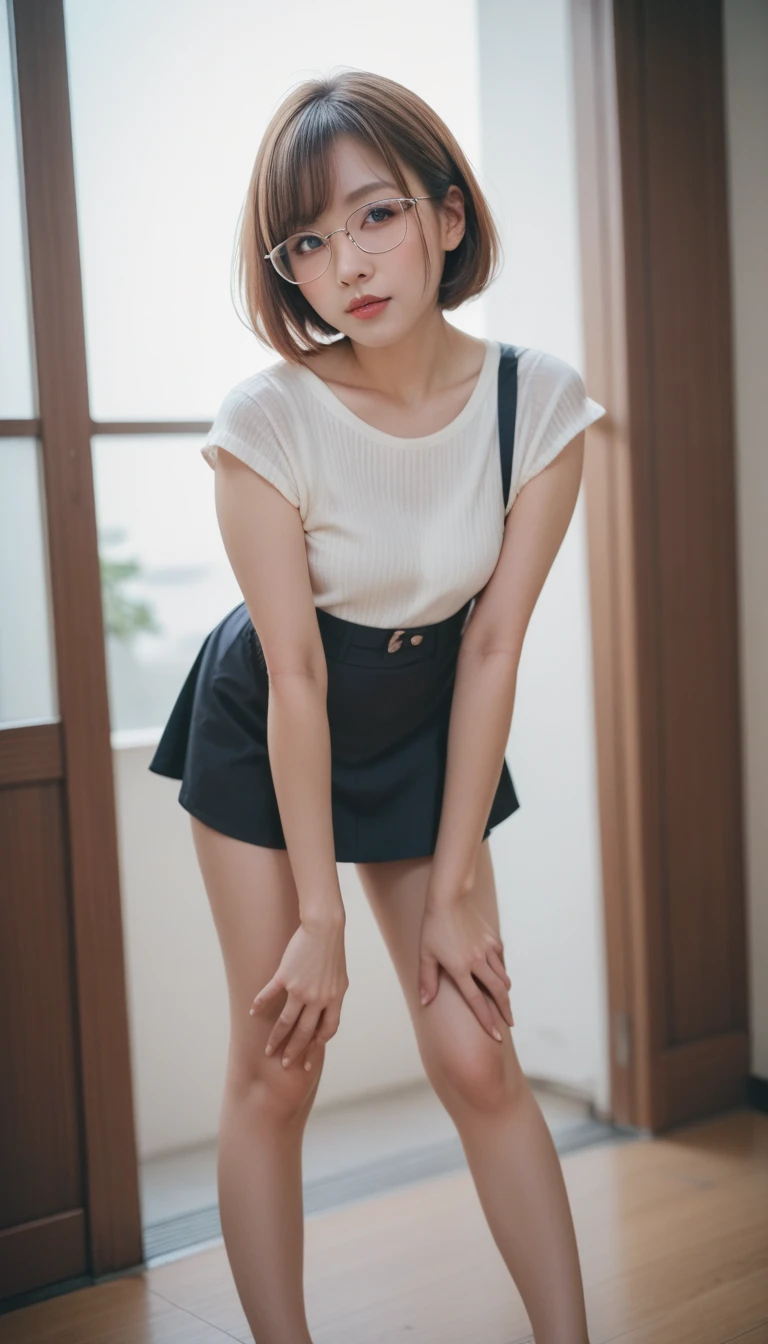 ((of the highest quality, 8K, masutepiece: 1.3, Raw photo)), Sharp Focus: 1.2, (1 AESPA Girl :1.1), Solo, (Realistic, Photorealistic: 1.37), (Face Focus: 1.1), Cute face, hyperdetailed face, (short messy hair: 1.2), Small Smile, Small breasts, flat chest, nude, (chiffon camisole, check skirt: 1.1), standing, from below, classroom, flower, Cattleya