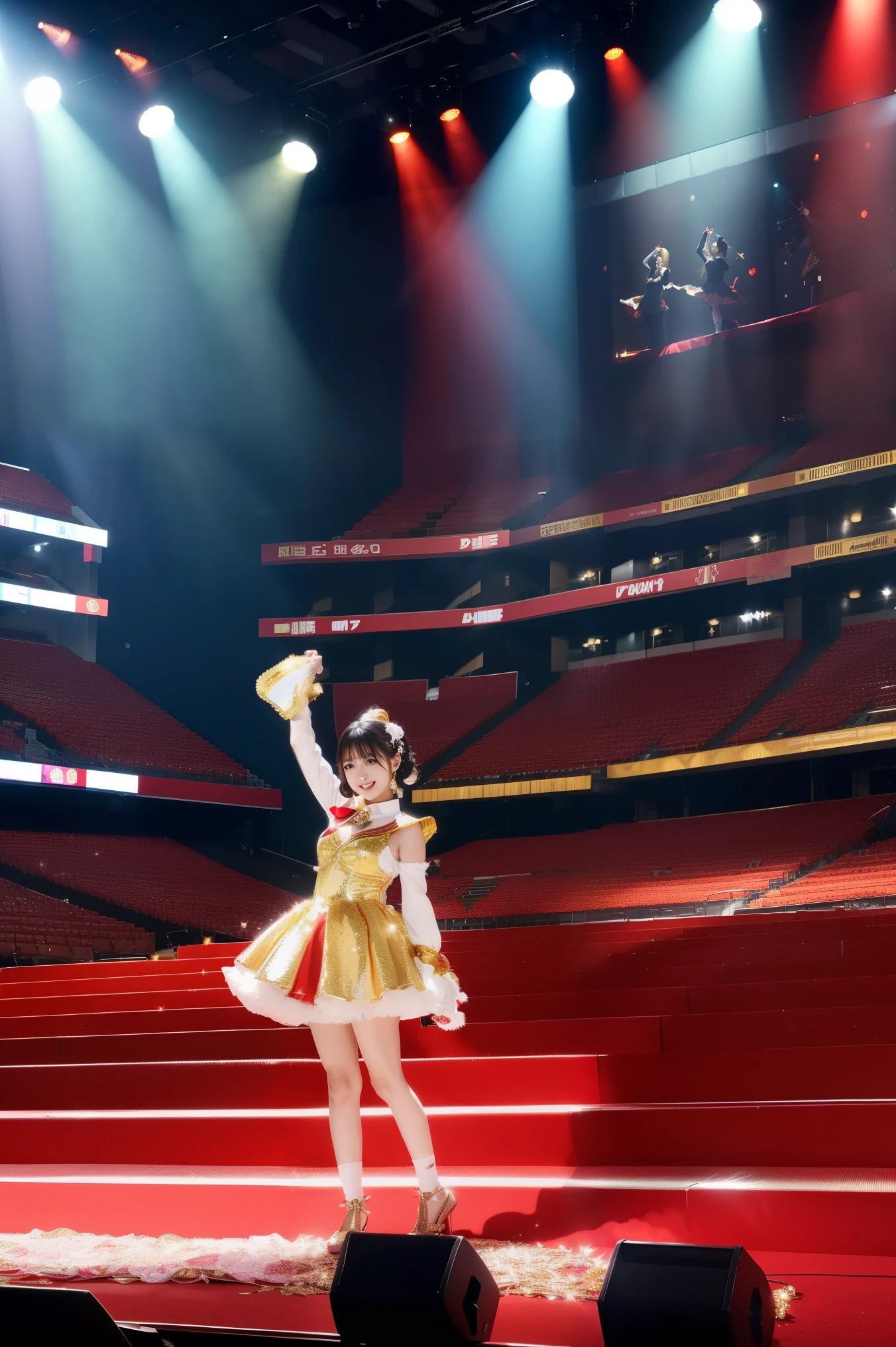 Popular idol concerts, wearing idol costume : Luxurious costumes :Red and gold and white,Sparkling, Sequins ,lame,ribbon, hair ornament,Sparkle,Concert venue background,Concert venue lighting,Beautiful Shadows, Second time'Tzuyu, Young and Cute Idol,, cowboy shot, medium long with ingrown curls, Fresh Young Japanese Woman , Cute idol sculpture, 🚿🗝📝, Young Idol, Young and slim idol, smile, NFW, table top, Award-winning, 8k, top quality, smile refreshingly, Haruka Ayase, Assist 々Kiki , Kanade Hashimoto, Mai Shiraishi, Nishino Nanase, Watanabe Ume, Yuki Yoda, Assist 々xylophone, Aoi Miyazaki, Takemi Yuguchi, Yuki Uchida, Suzu Hirose, Aya Ueto, Award-winning, NFW, table top,, Japanese model, Realistic Young Idol, anatomically accurate , In 8K