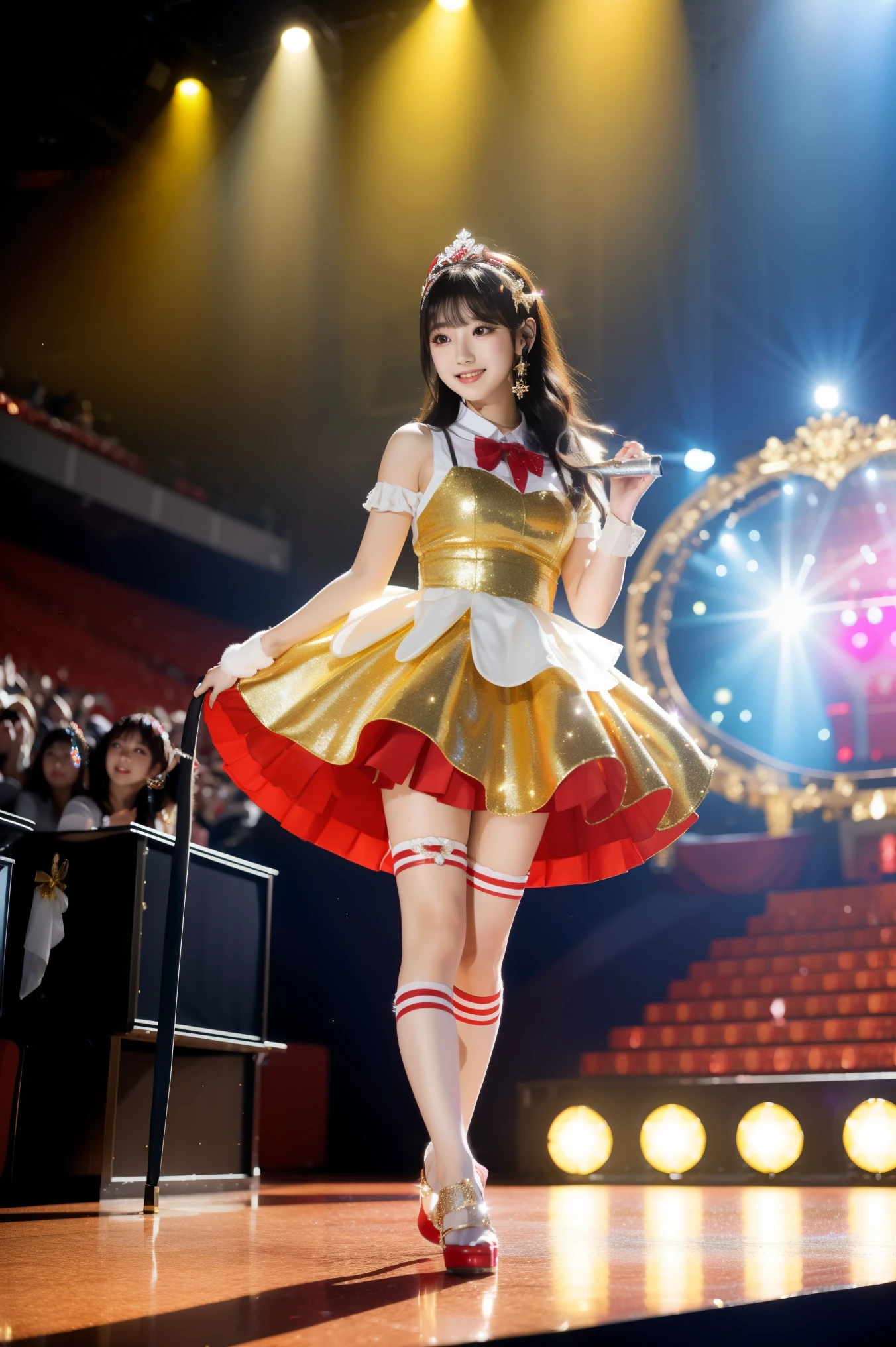 Popular idol concerts, wearing idol costume : Luxurious costumes :Red and gold and white,Sparkling, Sequins ,lame,ribbon, hair ornament,Sparkle,Concert venue background,Concert venue lighting,Beautiful Shadows, Second time'Tzuyu, Young and Cute Idol,, cowboy shot, medium long with ingrown curls, Fresh Young Japanese Woman , Cute idol sculpture, 🚿🗝📝, Young Idol, Young and slim idol, smile, NFW, table top, Award-winning, 8k, top quality, smile refreshingly, Haruka Ayase, Assist 々Kiki , Kanade Hashimoto, Mai Shiraishi, Nishino Nanase, Watanabe Ume, Yuki Yoda, Assist 々xylophone, Aoi Miyazaki, Takemi Yuguchi, Yuki Uchida, Suzu Hirose, Aya Ueto, Award-winning, NFW, table top,, Japanese model, Realistic Young Idol, anatomically accurate , In 8K