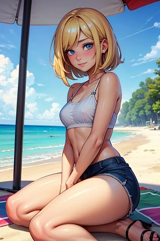 ((sexy girl ,gyaru)) ,nsfw, glamorous, cap,short brown hair, beach,sitting,looking at viewer,moistened eyes,blush,sexual ecstasy, ass, slutty micro-bikini, spread legs, grinning, cameltoe, crowded beach, multiple people in background, oiled skin, sun lotion, flat chest, young, young girl, 11 years old,