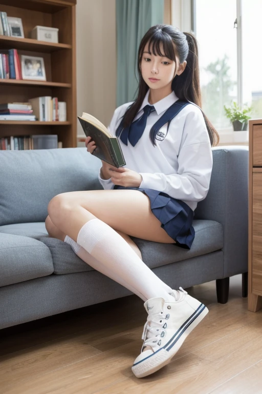8K分辨率、Super detailed CG material、1 girl in, japanaese girl, Sit on grass，Against the tree, read a book, spread your knees apart, Keep your feet apart, a skirt,White stockings，white and transparent，(seen from the front, low angles), A piece of, Camel toes are clearly visible，Detailed pubic hair, Morning, sunraise, A high resolution, Super quality, Super masterpiece, colorful leaves,