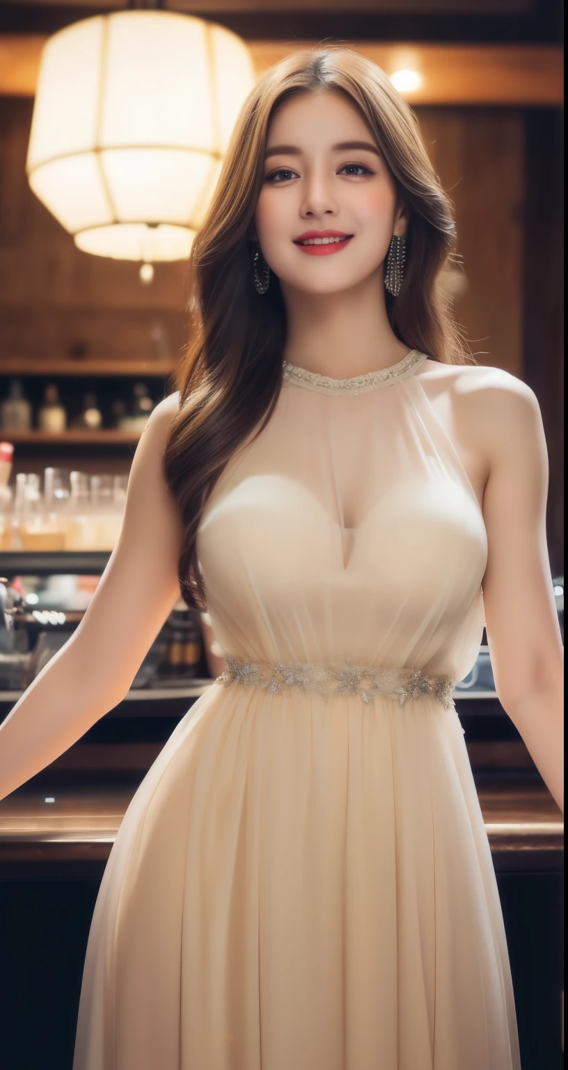 Body Portrait, 8k, Narrow and beautiful eyes, Dindal effect, masterpiece, 最high quality, high quality, High resolution, Highly detailed photos, (Natural skin texture, Fine skin, Hyperrealism, Ultra Sharpness), Skin with attention to detail, (Very fine, Fine skin texture, Intricate details, Beautiful Face, (Realistic Face), Realistic eyes, Beautiful and detailed eyes, Realistic Skin, Beautiful Skin, Surreal, Highly detailed golden ratio, Smiling Eyes, Body Portrait, G-Cup, Big Breasts, Huge breasts, Big Breasts, glamorous, ((evening dress:1.4)),