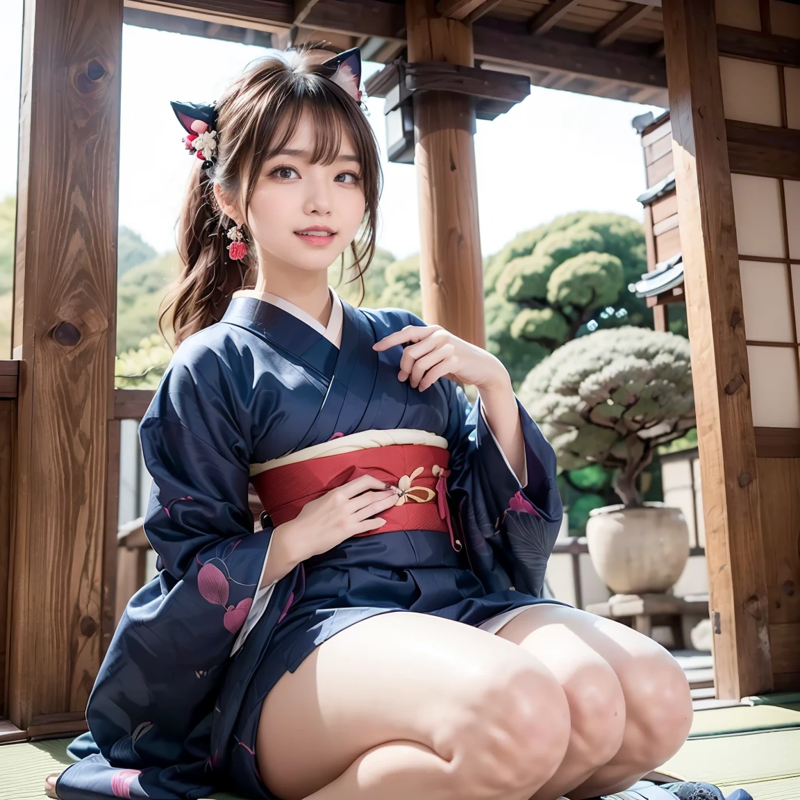 Reality、photo shoot、
Background: Imperial Palace、Similar to Princess Kako、Small face、
Hairstyle up、smile、Looking up、
Age 25、kimono、squat、
Wide-legged pose、naked、Show pussy、Show anus、
Facing forward、Urinating、Onani、