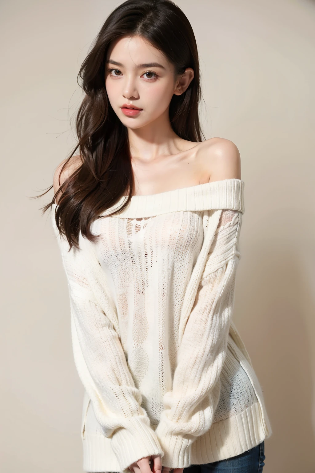 ((best quality)), ((masterpiece)), (detailed), 1 woman, off shoulder sweater,
