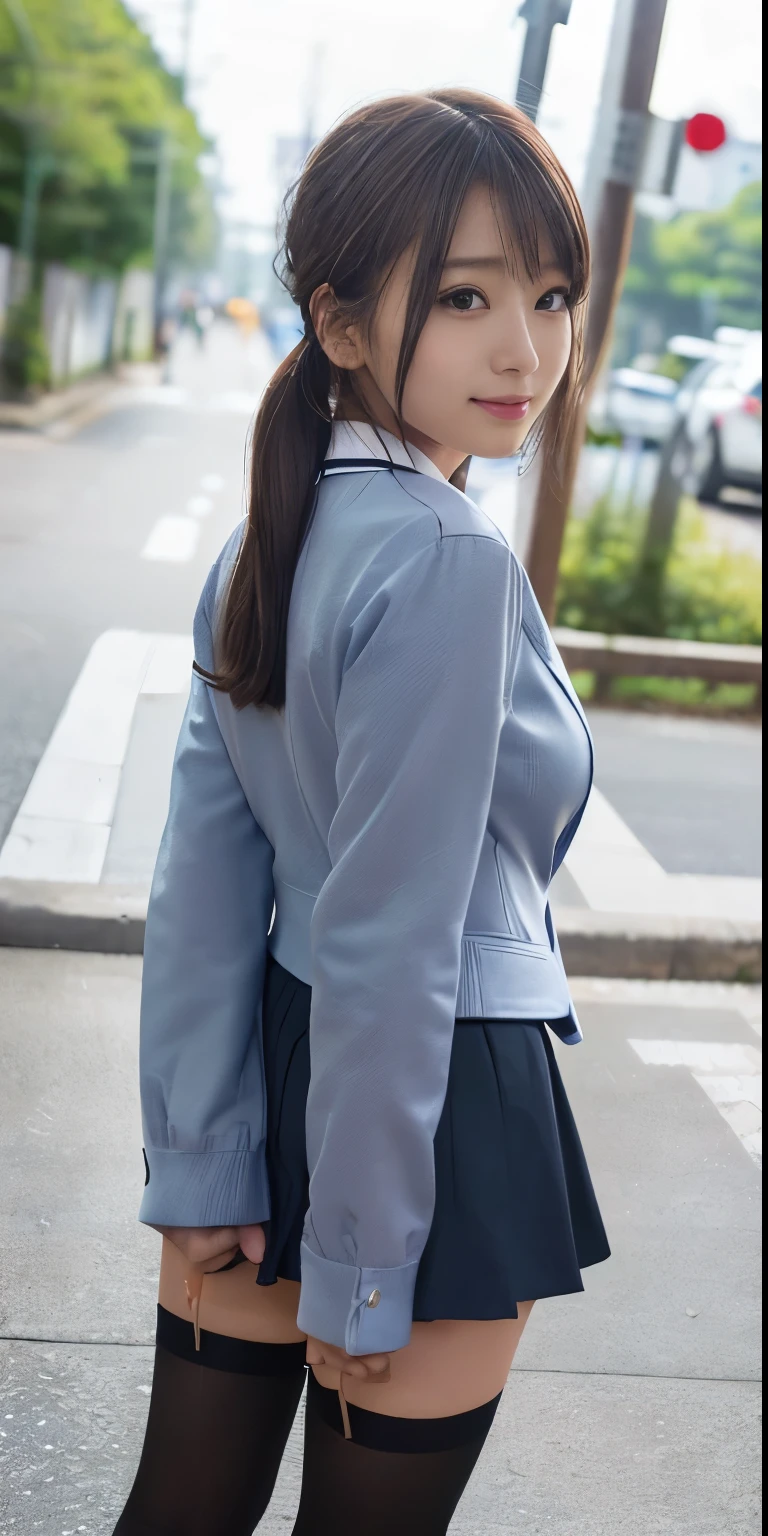mix4, (16 K, Raw photography, Top image quality, masterpiece: 1.45), (realisitic, Photorealsitic: 1.37), one girls, cute little, A city scape,, profetional lighting, photon maping, school classrooms, physically-based renderingt, dark brown hair,pony tail hairstyle, Well-groomed and beautiful eyes、((double eyelid))、Transcendent Cute Girl, (((student clothes、blazers、Long sleeve shirt worn by Japan high school girl、Ribbon Ties、Dark blue mini skirt,、Dark blue socks、Black loafers))), Top Quality Photos, hight resolution, 1080p, (clearface), (Detailed face description), (Detailed hand description), (masterpiece), (Exquisite CG)、extreme light and shadows、dishevled hair、master work、abundant detail、(Fine facial features)、(top quality photo)、(masuter piece)、(A detailed eye)、Look in front of you、Fine clavicle、((Slender big))、(((Japan schoolgirls wear jackets and long-sleeved shirts)))、((Neat and clean idol))、((School Gate、school ground、School building in the background))、(Shooting from random perspectives)、(((Anyway cute)))、earrings、A big smile、Drawing the whole body from the knees、Do not draw nasolabial folds、(((Sports bags used by Japan schoolgirls)))、(Big that hang down big:1.2)、Big with tension、Two arms and two legs、(((from the front side:0.7)))、 hand、(((Left and right symmetrical eyes)))、Standing Pose、Put your hands on your desk、Do not take the tie out of the jacket、Raise your :1.5,barebacked:1.5,