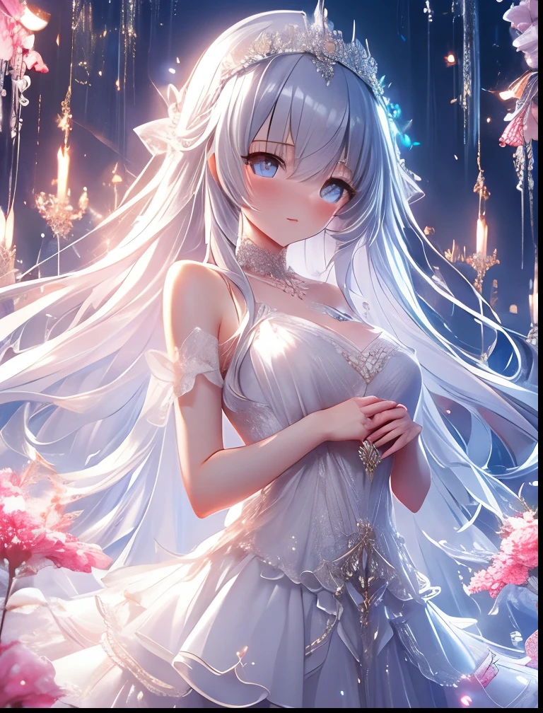(((SFW、Accuracy、Highest quality、 A first-class masterpiece 、 Normal body 、8k、 detailed face 、 super precision 、 Normal Hands 、5 fingers、Highest、3d)))、『DeepOne - Zero and the Phantom Fragment』、Frau、Red eyes、 beautiful girl、(((Pure white hair、 long hair、Vermilion eyes:1.4)))、 slender、 slim、Big Breasts、 short、Young、clear、pure、pure、Innocence、ultra-thin white transparent nipple sheer simple dress、Muscle Exposure、Put your hands together at your chest、Face down, ashamed blush、Shy、Near Future Facilities