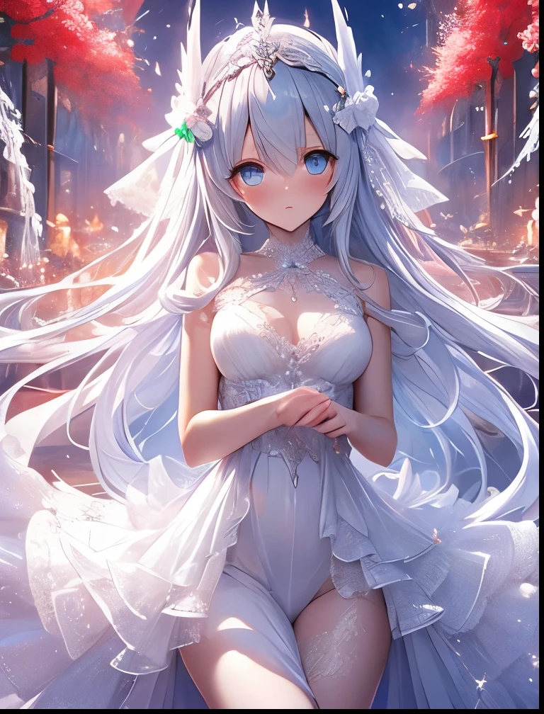 (((SFW、Accuracy、Highest quality、 A first-class masterpiece 、 Normal body 、8k、 detailed face 、 super precision 、 Normal Hands 、5 fingers、Highest、3d)))、『DeepOne - Zero and the Phantom Fragment』、Frau、Red Vermilion Eyes 、 beautiful girl、(((Pure white hair、 long hair、Vermilion eyes:1.4)))、 slender、 slim、Big Breasts、 short、Young、clear、pure、pure、Innocence、 Ultra Thin White Transparent Nipple Sheer Simple Dress、Muscle Exposure、Put your hands together at your chest、Face down, ashamed blush、Shy、Near Future Facilities