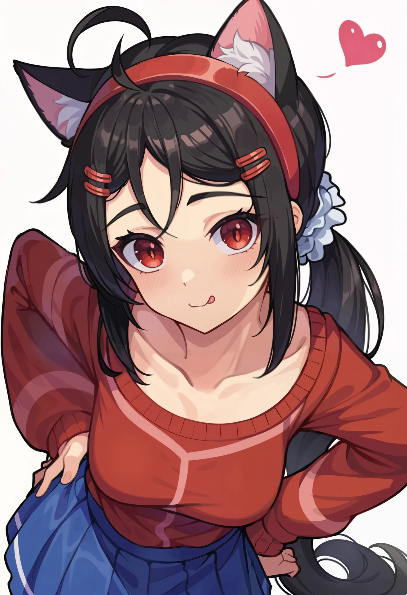 score_9, score_8_up,sharp focus,, absurdres, highres, illustration,
((cat girl, cat ears)), (red eyes), (long hair), (( black hair, (Ahoge),
mi_ta, 1girl, red eyes, dark black hair, braids hair, hairband, scrunchie, barrette pins, leaning forward, hand on hip, blowing kiss, heart, blouse, skirt, red stockings,
white background,