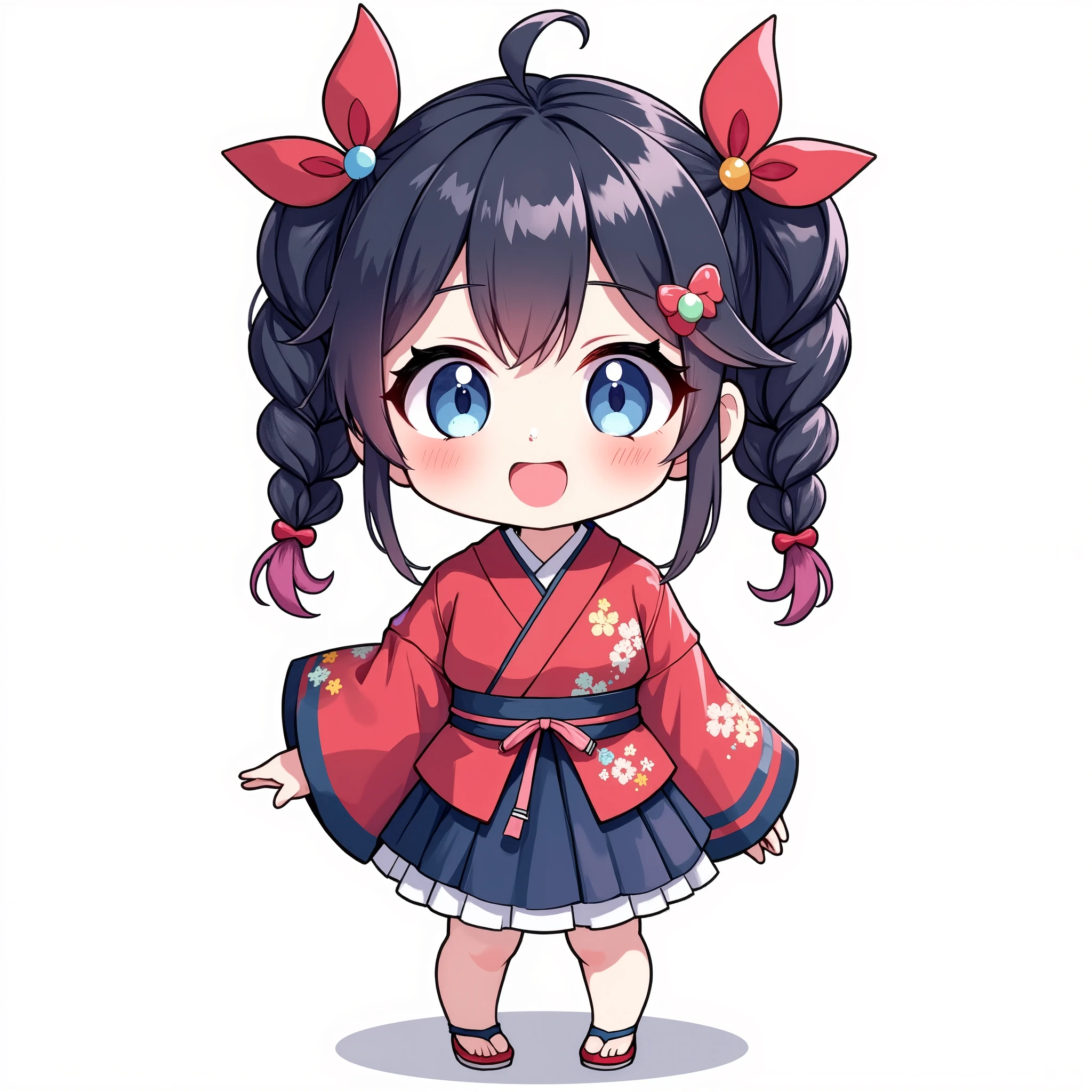 ( chibi:1.4), chibi character, chibi style, toe, (cwhite background:1.4),full body,masterpiece, high quality, 4K, HDR,, A girl with frills, anime style, Ninja、 with a cheerful smile、 open your mouth wide、 simple background、Japanese style、 red kimono、Small hands、 double braids, split bangs , Navy hair color、 gradation color hairstyle ,