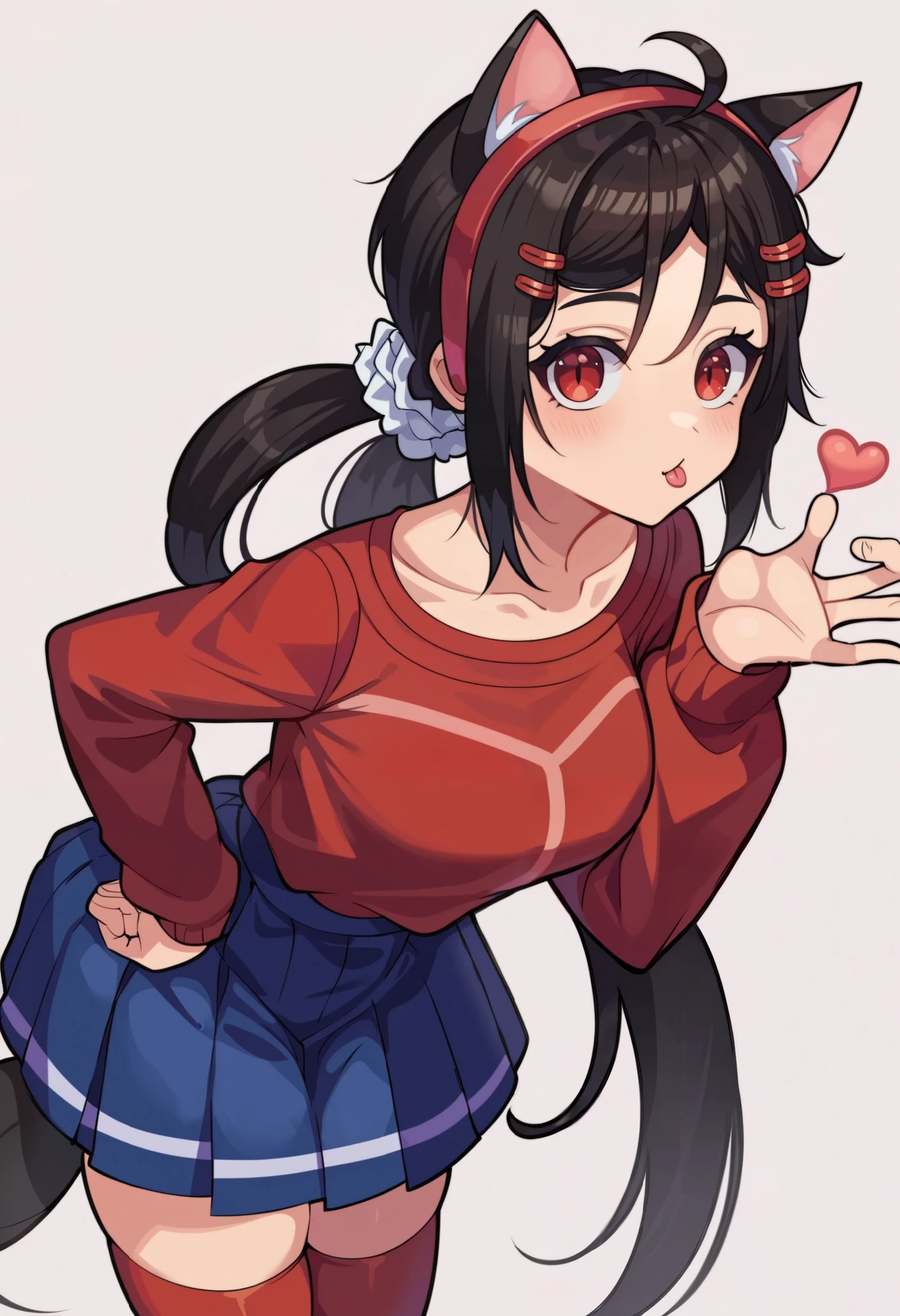 score_9, score_8_up,sharp focus,, absurdres, highres, illustration,
((cat girl, cat ears)), (red eyes), (long hair), (( black hair, (Ahoge),
mi_ta, 1girl, red eyes, dark black hair, braids hair, hairband, scrunchie, barrette pins, leaning forward, hand on hip, blowing kiss, heart, blouse, skirt, red stockings,
white background,
