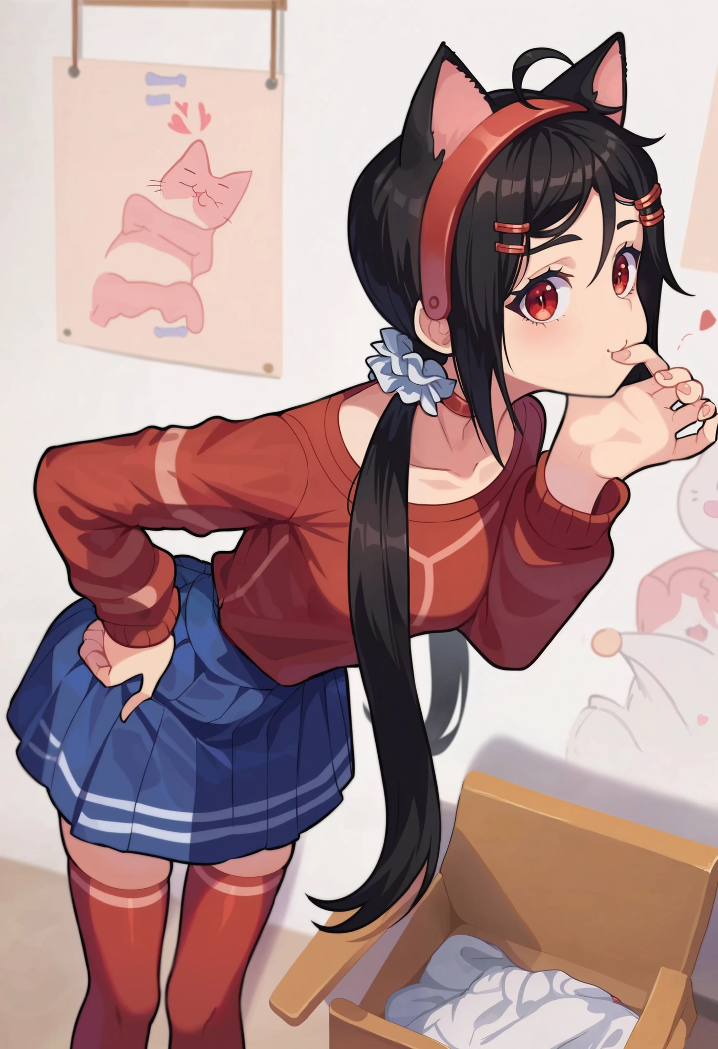 score_9, score_8_up,sharp focus,, absurdres, highres, illustration,
((cat girl, cat ears)), (red eyes), (long hair), (( black hair, (Ahoge),
mi_ta, 1girl, red eyes, dark black hair, braids hair, hairband, scrunchie, barrette pins, leaning forward, hand on hip, blowing kiss, heart, blouse, skirt, red stockings,
white background,