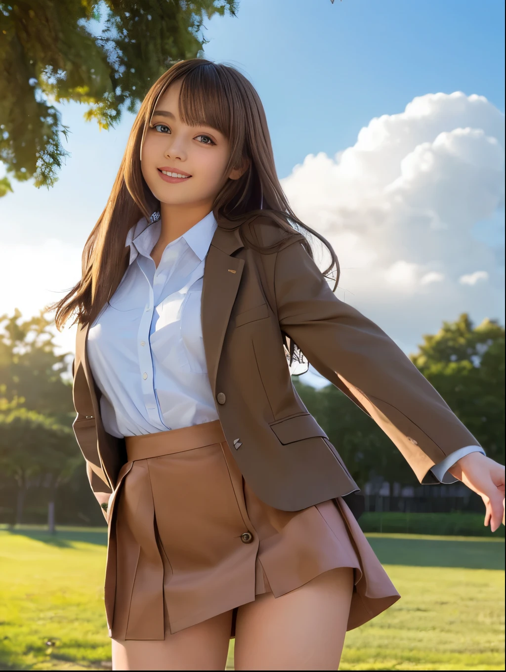 masterpiece、top-quality、ultra-detailliert、Ultra-detailed depiction、超A high resolution、Ultra-realistic:1.3、8k RAW photo、Perfect dynamic composition、Beautiful detailed eyes、Clear amber eyes、silky amber hair、Natural color lips、Cute smile、(Wearing a brown school blazer uniform:1.3)、(extra long hair:1.3)、Standing in the park、(The wind blows and lifts up my brown skirt,Precise and detailed depiction of the skirt part,Panties are visible:1.6)、Jumpy、cowboy shot、Large breasts、High School Girl、Backlighting、A scene covered in light、
