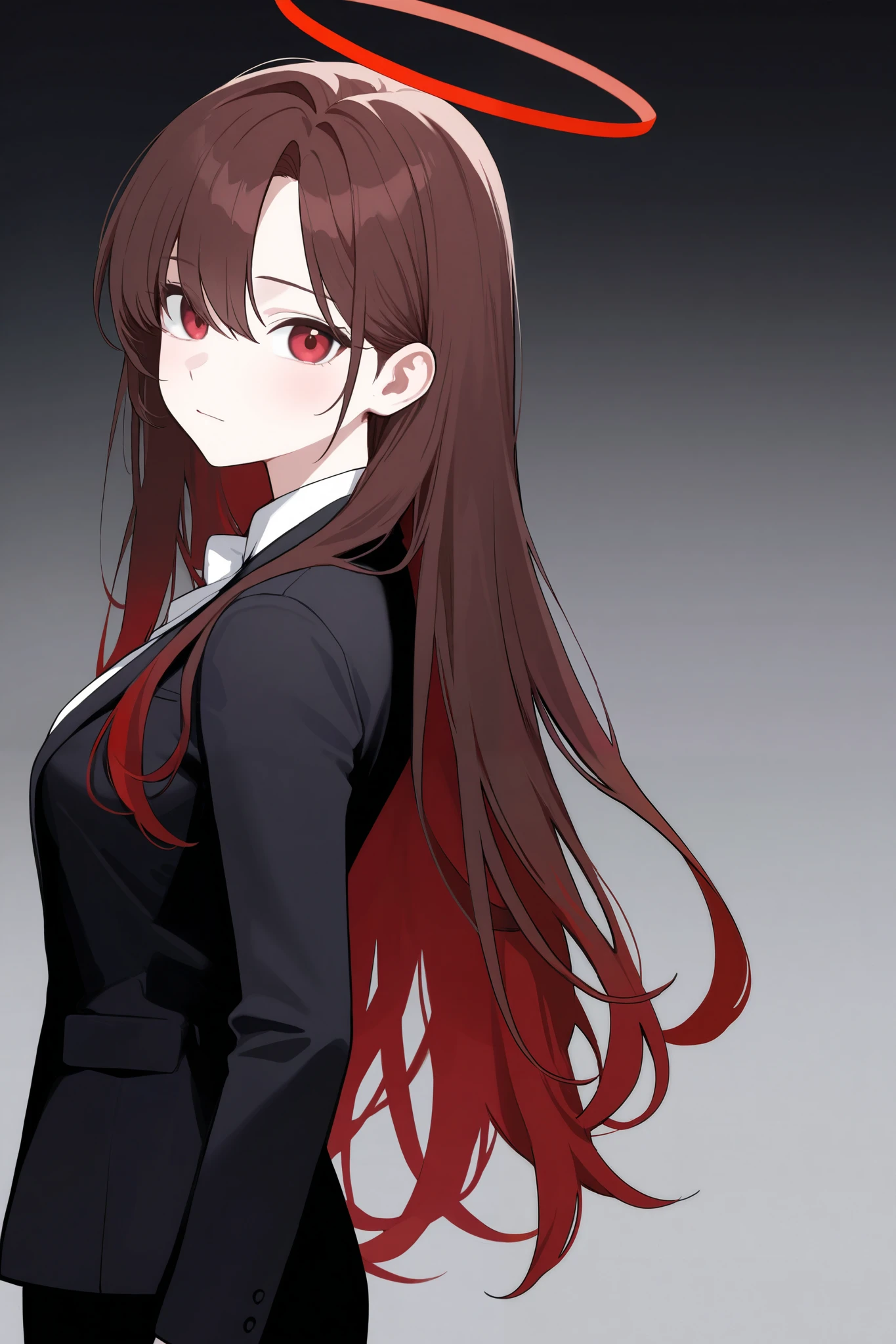 Anime girl with red hair and a black jacket with a halo - SeaArt AI