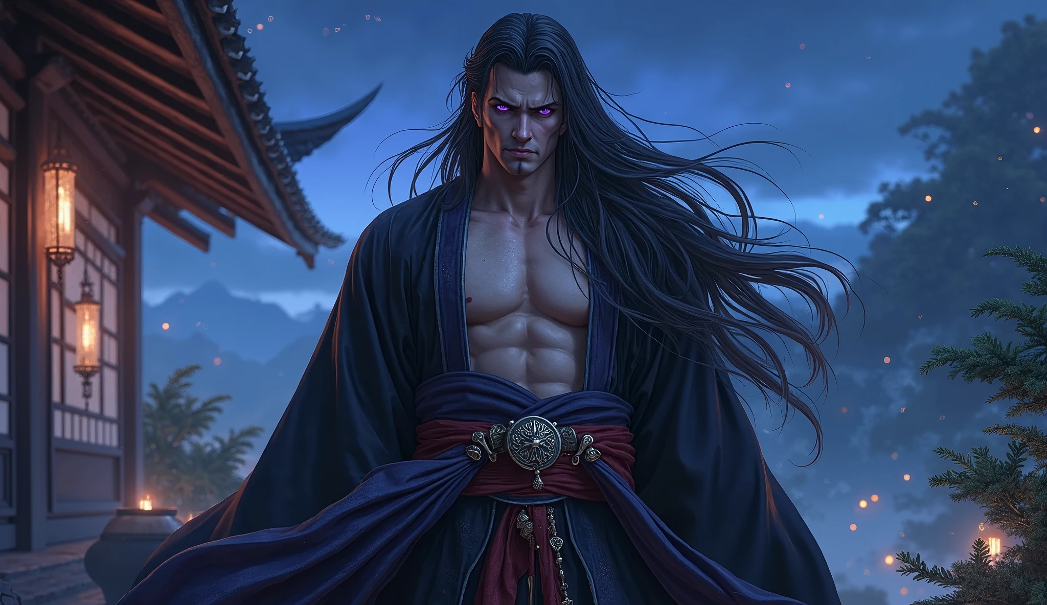 "Long-haired red samurai in a western setting with a red sun in the background. Inspired by the anime One Piece, the character is a villain." --auto