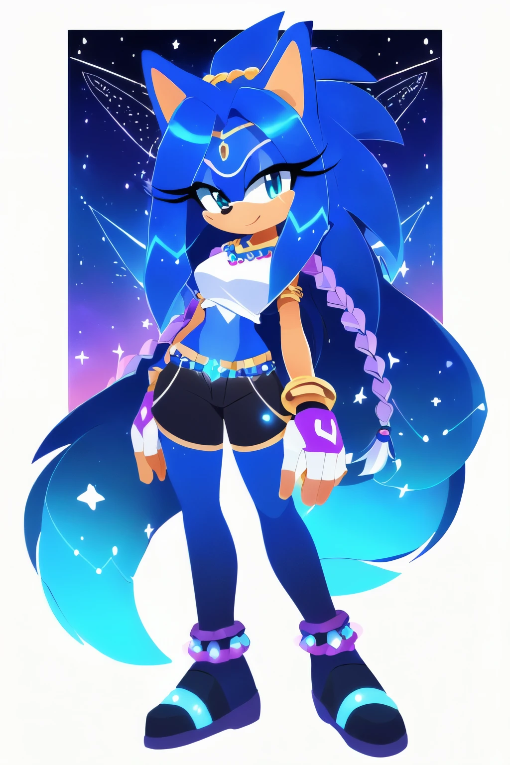 Sonic oc, Mobian, female, sonic the hedgehog but female, Cosmic hedgehog, A beautiful light blue hedgehog, purplish blue eyes, very long hair/quills, braided and beaded long hair bangs, long streaks of hair on each side of her face, (star constellation on hair, beads on hair, smooth fur, slim thick hourglass body, slim fit, wearing a white long shirt, black shorts, fingerless gloves, inhibitor ring, beaded hair and decorated with rings, flowing hair, cartoon style