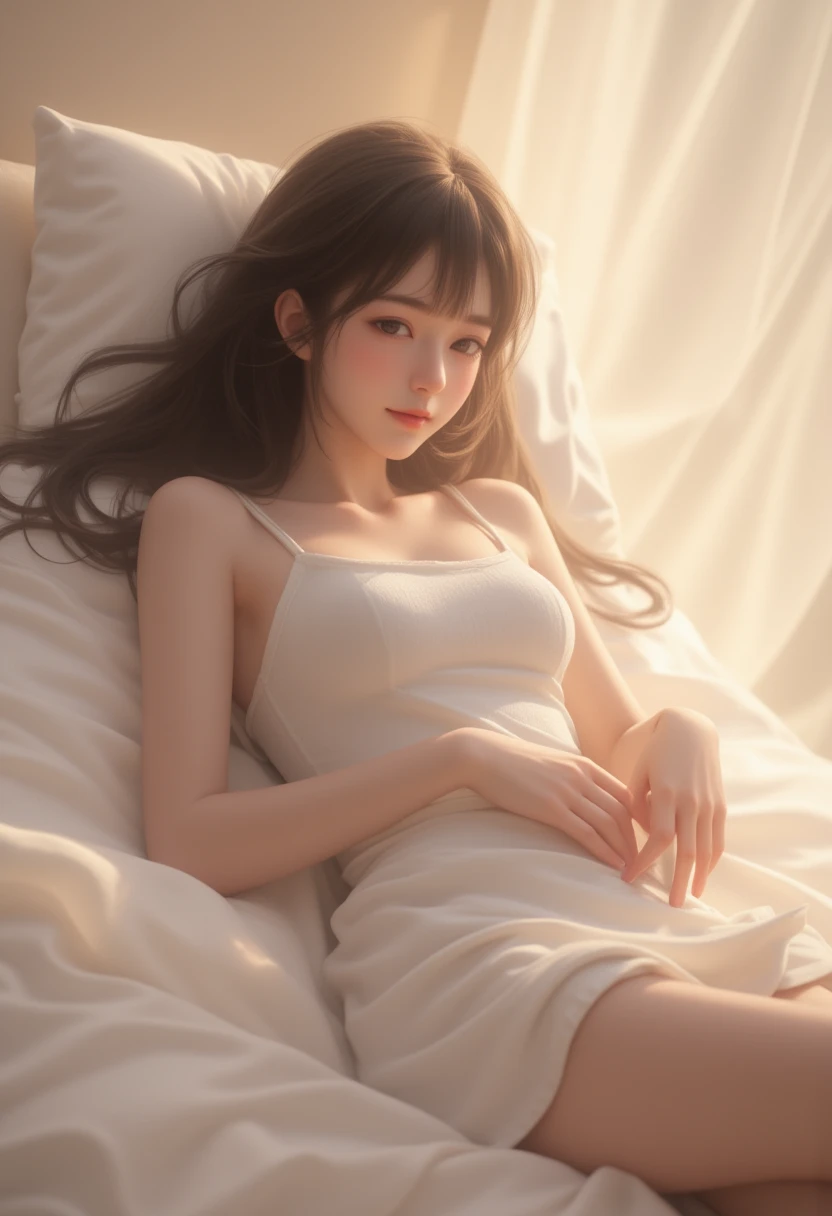 Young girl on a luxurious bed、crawling on all fours、Ultra-realistic photos captured in ultra-detail、she is so beautiful, highly detailed eyes, Luscious eyelashes, Looking at me seductively, big breasts、very slim body shape、perfectly formed lips, Incredible detailed image quality, Gentle curves create a small smile、Thin legs and small hips、intricate texture, Her long curly hair flows over her shoulders、(Wearing a silk nightgown)、bending the knees、Low-intensity indirect lighting、The scene is filled with faint things., relaxed atmosphere、