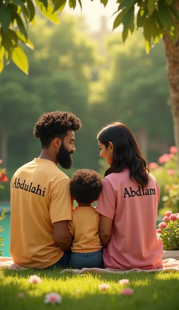 A man and a woman are going on a flight with a baby girl and they all have their names written on their clothes man name is ahsan women name is bisma 
Written on Shirts 