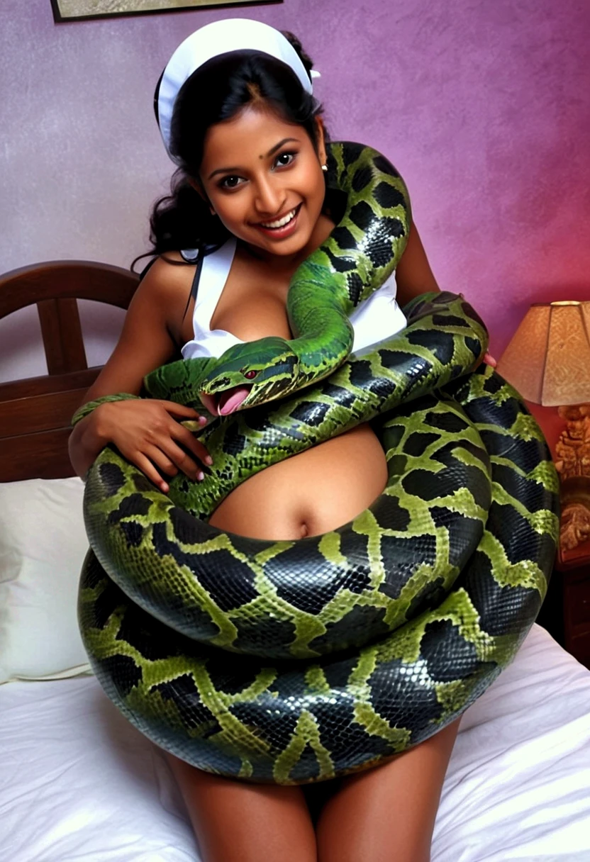 Pregnant Happy Horny, aroused 1girl), beautiful kneeling Indian   girl with  giant colossal Kaa monster squeezing her hard, wrapped in thick spiraling coils, constricted, struggle, gasping for air, snake attack, snake peril,