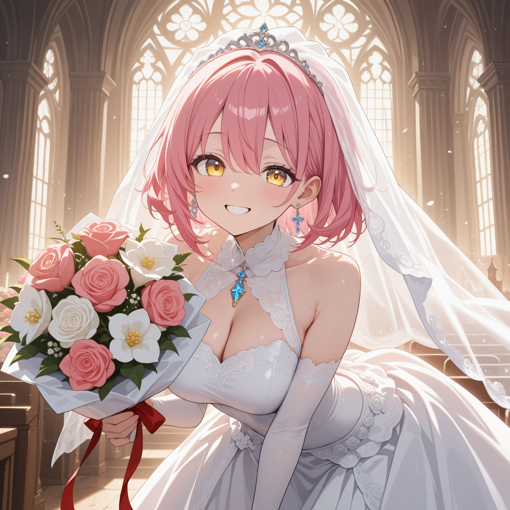 (arknights)(1girl(Pink Hair,Wavy Hair,(tanned skin),wedding veil,wedding dress,frilled skirt,Garter Stockings,arm cover,bunny ears,tiara))((happy)(blush))A small, young princess holding a bouquet to be married in a cathedral