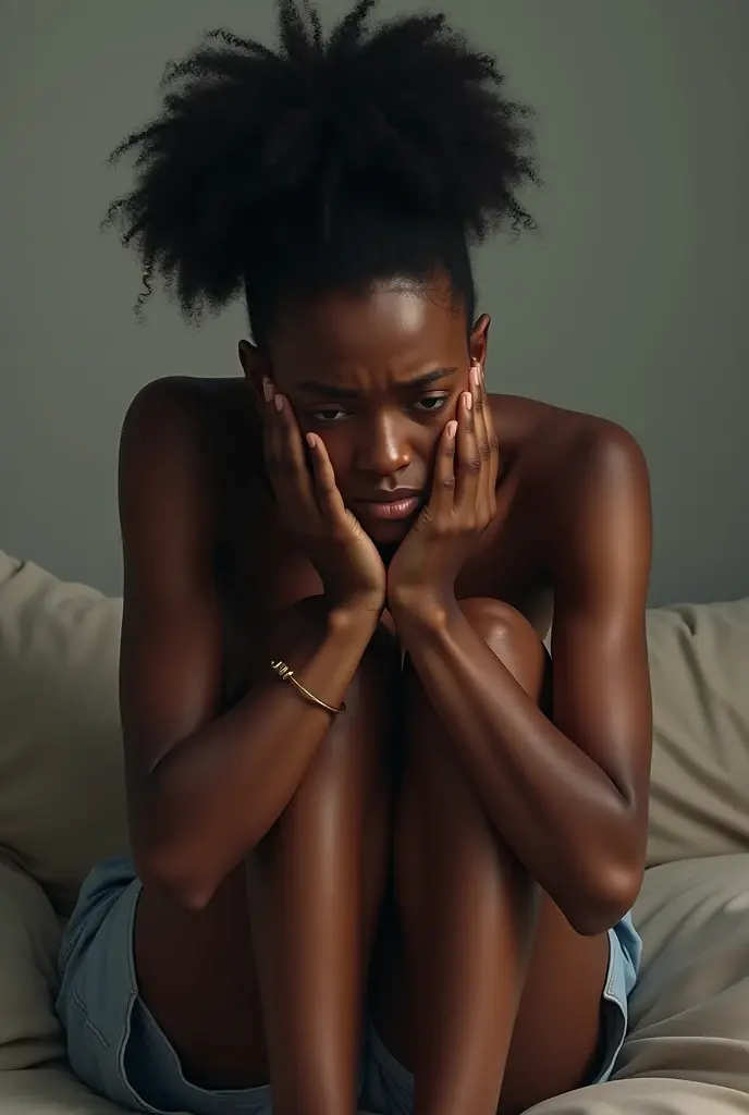 une femme noire assise dans son bureau avec un visage triste de déception toute nue se cachant le sexe avec ses mains