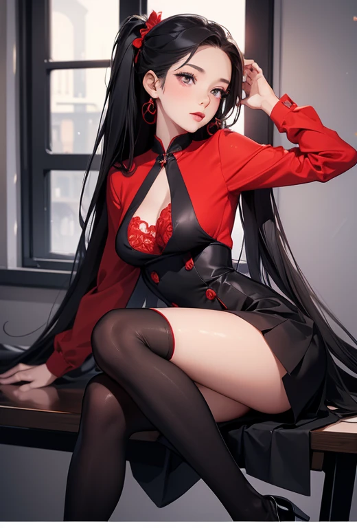 (Manhwa style), a sexy girl, long black straight hair, twintail hair, black eyes, beautiful eyes, blush on make up, red eyeliner, black neck tie, white shirt, mini pleated skirt, stockings, garter belt, big breasts, blushing, smiling, (high quality), (best quality), (full body), sexy lips, cleavage, big hips, fingering, horny, masturbate, masturbation, masturbating, on the bed, bedroom
