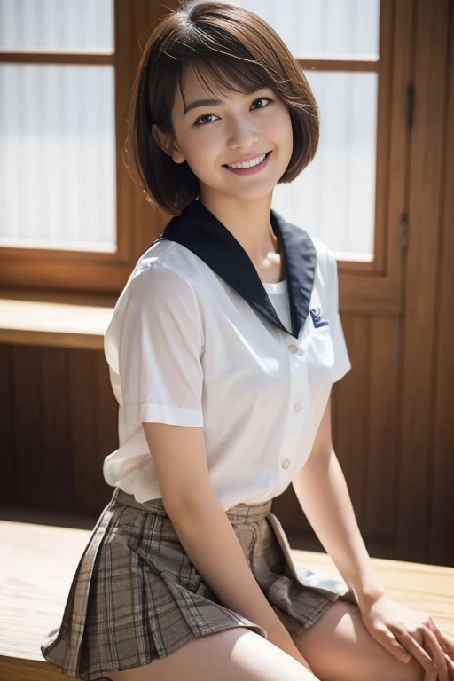 1girl, sit on a chair, full body, Japanese, (), middle Schoos, simple white shirt, short sleeve, open clothes, (off shoulder), middle breast, (cleavage), navy blue skirt, thighs, (12 years old face) bob cut, smile ,classroom