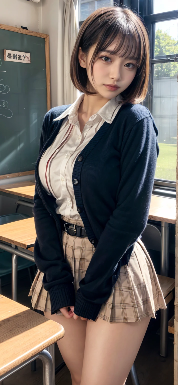 a picture of (1 woman), a 40-year- old Scottish woman teaching in a vintage classroom, ((long blue tartan skirt)), ((red argyle cardigan)), copper red hair tied up to a bun, brown eyes, downturned eyes, high cheekbones, strong eyebrows, strong jaw, happy smile, cinematic, UHD, masterpiece, RAW, anatomically correct, textured skin, natural blemishes , wrinkles,super detail, high quality, best quality, award winning, highres, 16K, HD, blackboard, chalk, vintage map hanging on the wall, desks, teaching materials