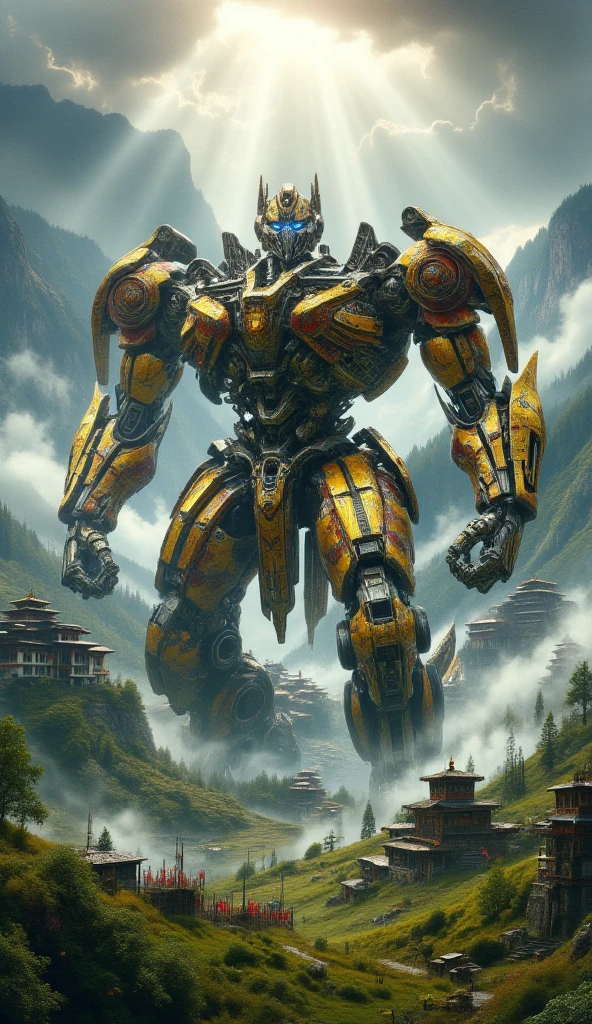 An enormous robotic warrior named 'Thunder Dragon Automaton,' inspired by the mythical Druk dragon, standing proudly in the misty valleys of Bhutan. The Transformer is adorned in yellow and orange armor, covered in traditional Bhutanese cloud motifs and golden dragon scales. The chest glows with an ancient Buddhist symbol, and its eyes burn with a deep blue radiance. Its back features spires resembling Bhutanese Dzongs, and its arms are fitted with prayer wheels that spin as it moves. The scene is set in a lush valley with Tiger’s Nest Monastery in the background, with early morning mist and prayer flags fluttering in the wind. The lighting is soft yet dramatic, with beams of sunlight piercing through the clouds, giving the scene a divine energy. The aspect ratio is 9:16.