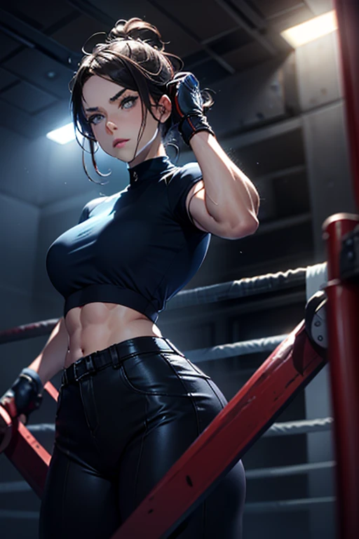 Wide angle shot, rear view, beautiful female street fighter, wearing large glasses, black undercut hair, wearing large steel knuckles