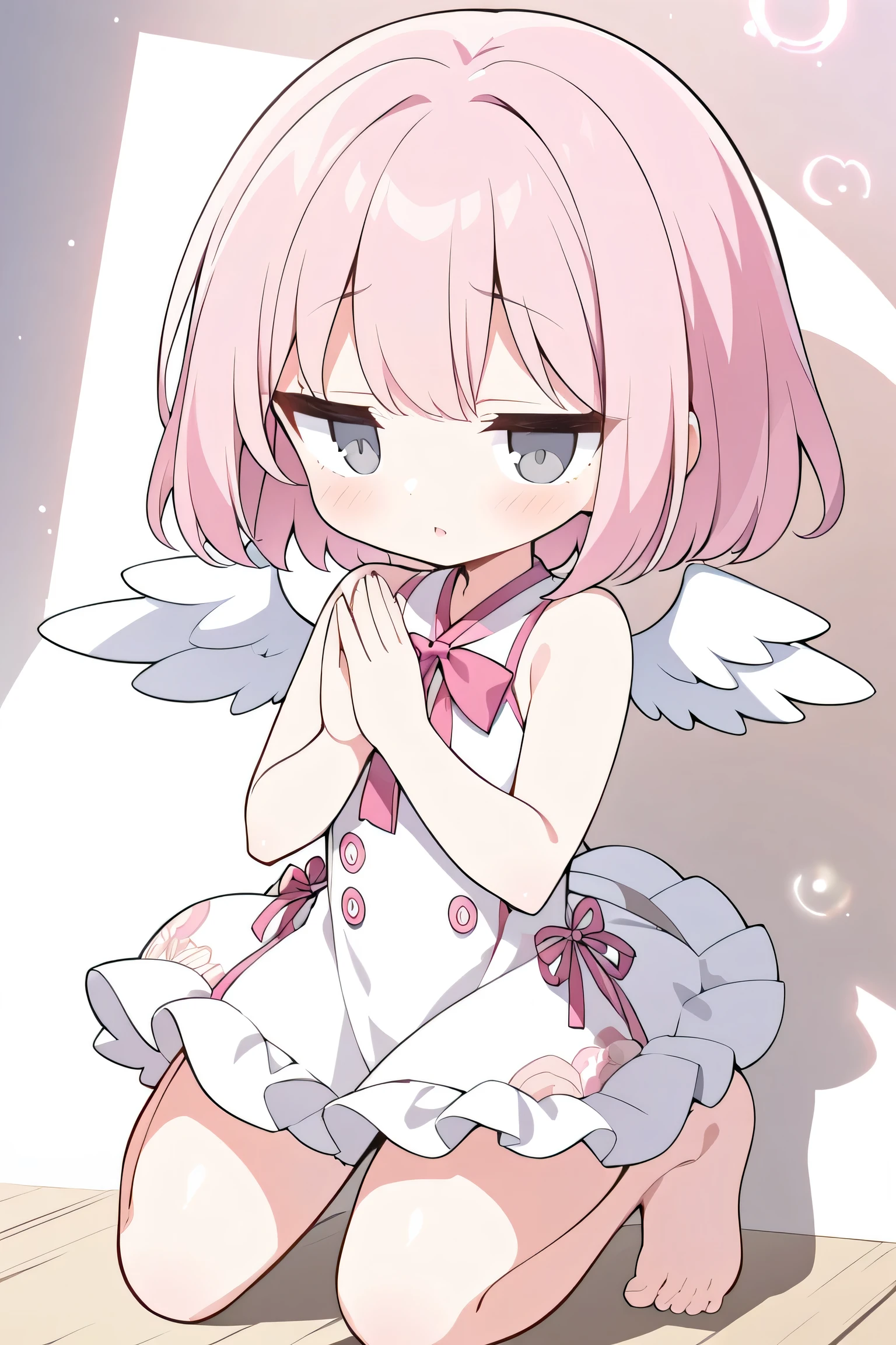 ((prayer hands)), (( 1girl )), angel wings、 full body、 beautiful girl , white fluffy dress 、kneel、 cute illustration with pink hair , short hair , straight bang , droopy eyes , gray eyes, pink ribbon , god々Shiny Light Background 、 high quality , photos, pixiv illustration, Japanese anime, line art , Clear Shading