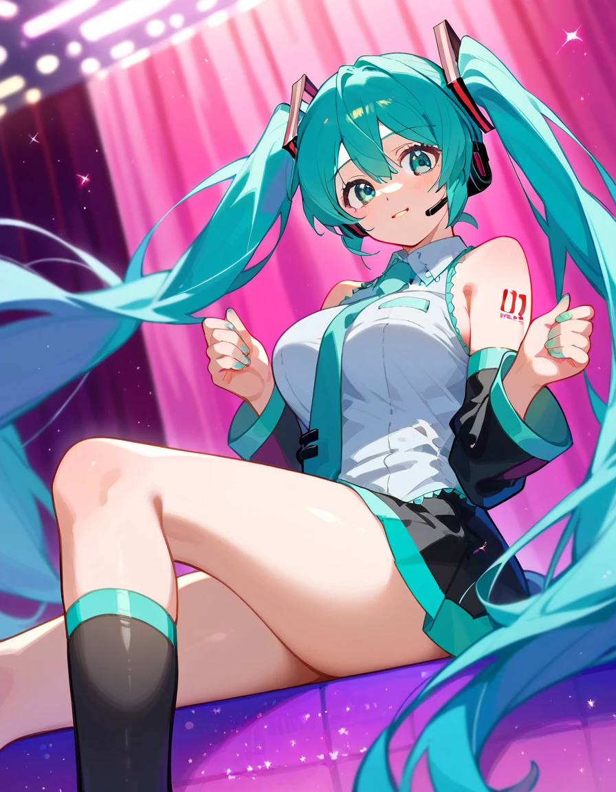 masterpiece, best quality, 1girl, solo, full body, happy, open mouth, (concert background:1.4), big breasts, (thick thighs:1.2), skindentation, no panties, npclearly, hidden crotch, <lora:npm-v11suk10m:1>, miku hatsune, ahoge, aqua eyes, aqua hair, crossed bangs, hair between eyes, hair ornament, headphones, long hair, twintails, <lora:mikuhatsunetest:1>,, aqua necktie, black footwear, black skirt, black sleeves, boots, collared shirt, detached sleeves, grey shirt, necktie, pleated skirt, shirt, skirt, sleeveless, sleeveless shirt, thigh boots, tie clip,, split, spread legs, <lora:splitSitting:1>