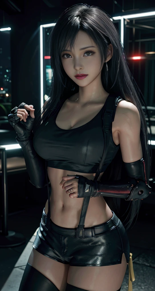 Tifa lockhart, (best quality,ultra-detailed,Realistic:1.37),beautiful detailed face,Perfect symmetry,perfectly shaped body,Perfect makeup,vivid colors,studio lighting