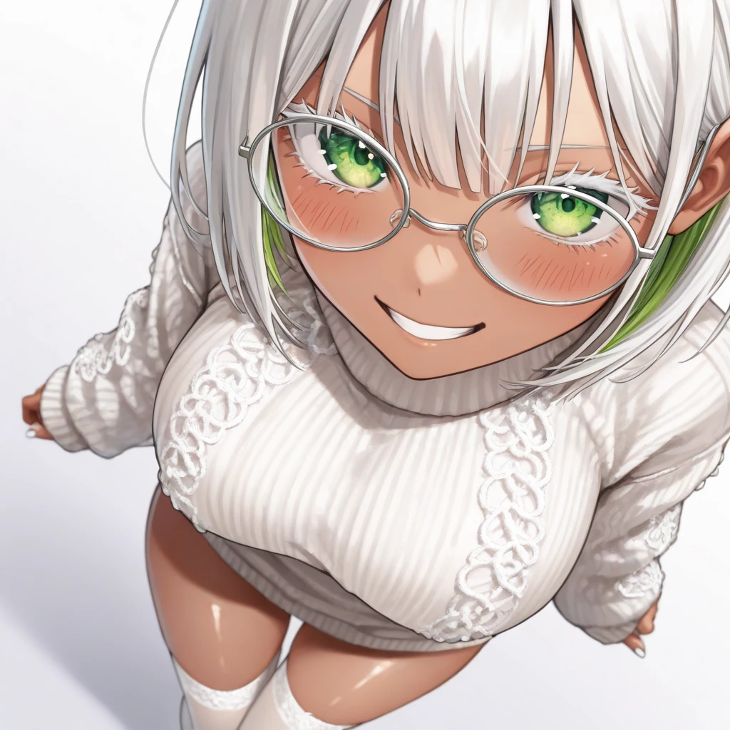 (It's snowing) portrait, white breath, (1 brown bob hair woman, soft green eyes:1.4, glasses, glossy mouth, love smile), in a casual coat, looking up, masterpiece, beautiful detailed grow, ultra high res.