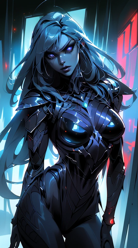 A girl with beautiful detailed eyes, beautiful detailed lips, and an extremely detailed face. 1girl. She is the widowmaker. Her gaze pierces the darkness. The striking contrast between her pale skin and her dark, flowing hair adds to her mysterious aura. She wears a tight-fitting, futuristic black suit that accentuates her graceful figure. The suit is adorned with blue accents that glow with a faint, ethereal light. Her stance is elegant yet poised, as if she is ready to strike at any moment. The background is a dimly lit room with a subtle blue ambiance, enhancing the air of intrigue and danger surrounding her. The image quality is set to (best quality, 4K, highres, masterpiece:1.2). The art style is sleek and stylized, giving it a unique and futuristic feel. The color palette is predominantly cool tones, with shades of blue and gray creating a brooding atmosphere. The lighting is dramatic, with soft, directional light casting intriguing shadows on her face and body.