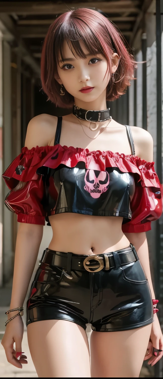  Cool Idol Girl （ short hair）、A pure girl's face、 hypo、skeleton print red punk costume（ off shoulder、latex tight shorts）、Skeleton Belt、 fishnet、Glowing Punk Town 