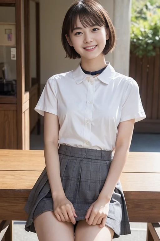 Mix 4, (16K, RAW Photos, Best image quality, masterpiece: 1.45), (Realistic, Realistic: 1.37), One Girl, cute, Professional Lighting, Photon Mapping, Bedroom, Physically Based Rendering, Dark brown long bob hair,beautiful, well-groomed eyes、double eyelid、With a girl, (((Short-sleeved shirts worn by Japanese high school girls、Checked mini skirt,、Dark blue socks、Black Loafers))), Highest quality photos, High resolution, 1080P, (Clear Face), (Detailed face description), (Detailed hand description), (masterpiece), (Exquisite CGI)、Extreme light and shadow、Disheveled Hair、masterpiece、Rich details、(beautiful Faces)、(Top quality photoassessing muscle area)、(Fine grain)、Look in front of you、Thin clavicle、((Slim and large))、シャツを捲れてbeautiful胸が確認できる、(((In Japan, we wear short-sleeved shirts)))、((Pure Idol))、((明るいBedroom))、(Shot from random perspectives)、(((とにかくcute)))、Earrings、Big smile、Drawing the whole body from the knees、No nasolabial folds、(Large and firm breasts:1.2)、Tight big ass、Two arms and two legs、(((from the front:0.4)))、bare hands、Symmetrical eyes、