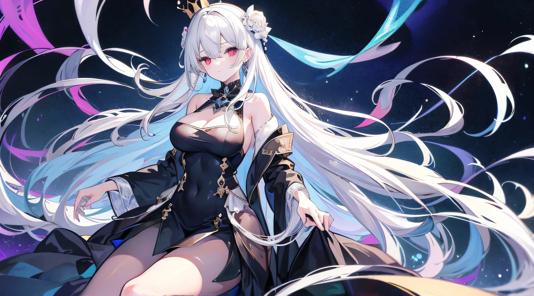 Ningguang, genshin impact, 1girl, alcohol, alternate costume, armlet, bare shoulders, black background, black dress, black gloves, black thighhighs, breasts, cleavage, criss-cross halter, cup, dress, drinking glass, flower, gloves, gradient background, hair between eyes, hair ornament, halterneck, holding, holding cup, large breasts, long hair, braid hair, looking at viewer, silver hair, silver short nails, see-through gloves, solo, thighhighs, thighs, wine, wine glass, ((masterpiece)) black pleated skirt, sitting,