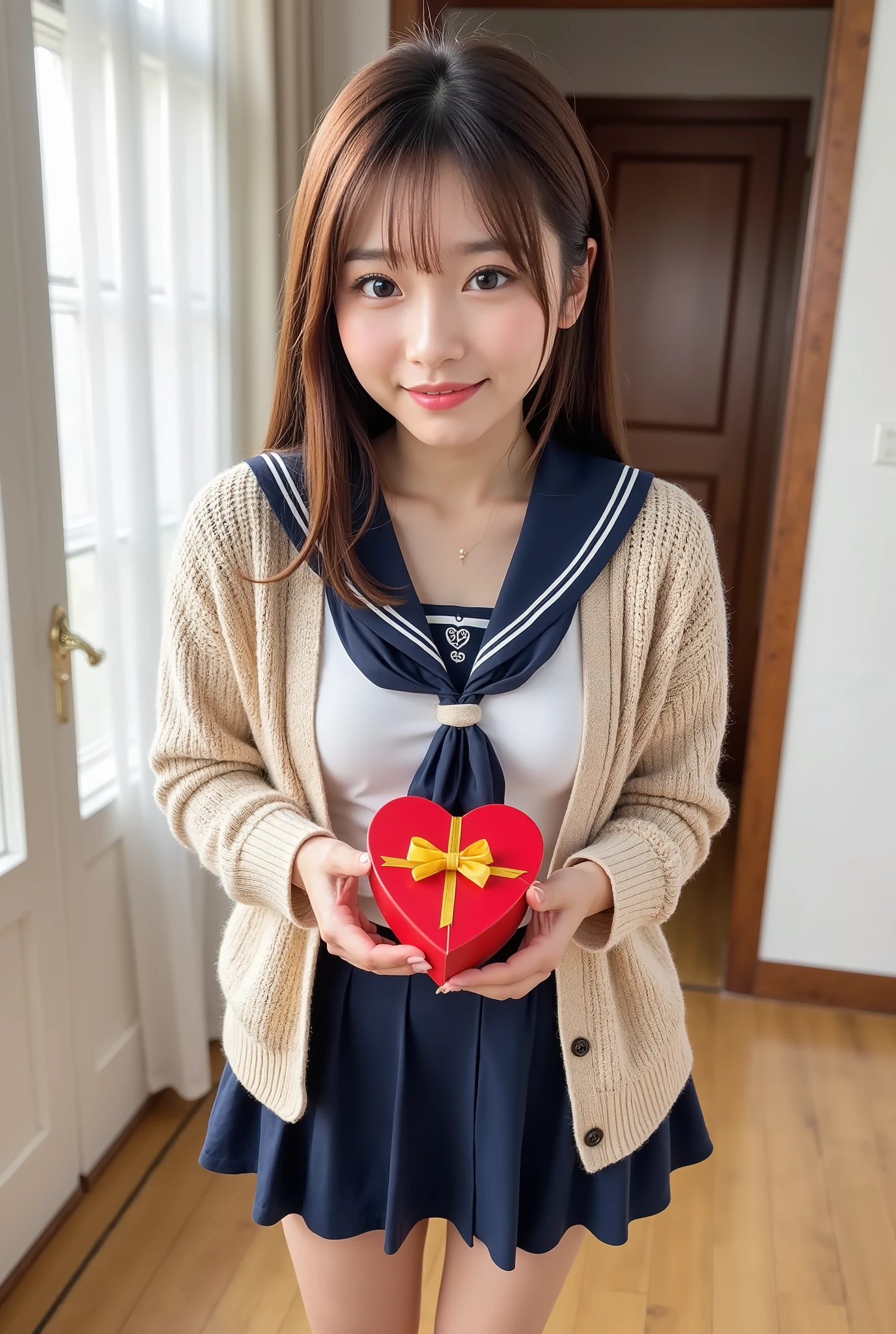 masterpiece, top quality of talks , 1 girl, Girl handing over Valentine's Day full body 、 Girl handing presents in front、 shortcuts、 high quality 、 sailor suit、 beige cardigan 、 navy blue skirt 、 look at the front 、Age 25、red box in the shape of a heart 、Close the lid 、 a box with a yellow ribbon 、smile、The whole body up to the thigh