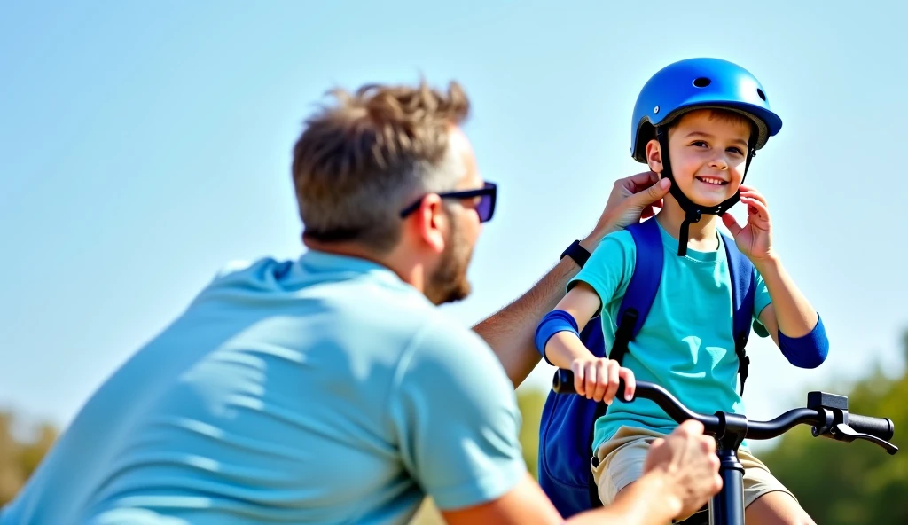 The image shows a father securing a blue helmet on his young 's head before a bike ride. The , who appears to be a boy, is sitting on a bicycle wearing a bright blue t-shirt, beige shorts, and a blue backpack. He has a slight smile on his face and looks happy. He also has elbow pads on his arms for added safety. The father, wearing a light blue t-shirt and sunglasses, is attentively fastening the helmet strap under the 's chin. His back is partially turned toward the camera, but his caring gesture is evident.
The background is slightly blurred, with an outdoor setting and a clear blue sky. The bright natural light suggests that the photo was taken during daytime. The father and are engaged in a moment of bonding and safety preparation before the bike ride.