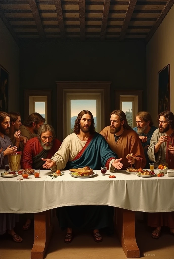 The last supper: Jesus at the center of the table, holding bread and ...