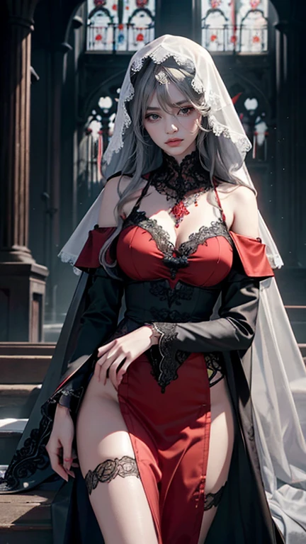 Official art, Unity 8k壁纸、Ultra-detailed, Beautiful, masuter piece, Best Quality,
Deities々Atmosphere, mystery, romanticism, Victorian, red adornments, Intricate and delicate white oriental dress, Red sheer lace, emotional depth, Supernatural、Magic Surround、(((White light envelops her:1.5))),
Woman with long hair and red lipstick、Jeanne、20yr old female、white hair、perfect beautiful body、Red eyes、Perfect beautiful face、Delicate old oriental church、Large, delicate and luxurious wand in white and red、