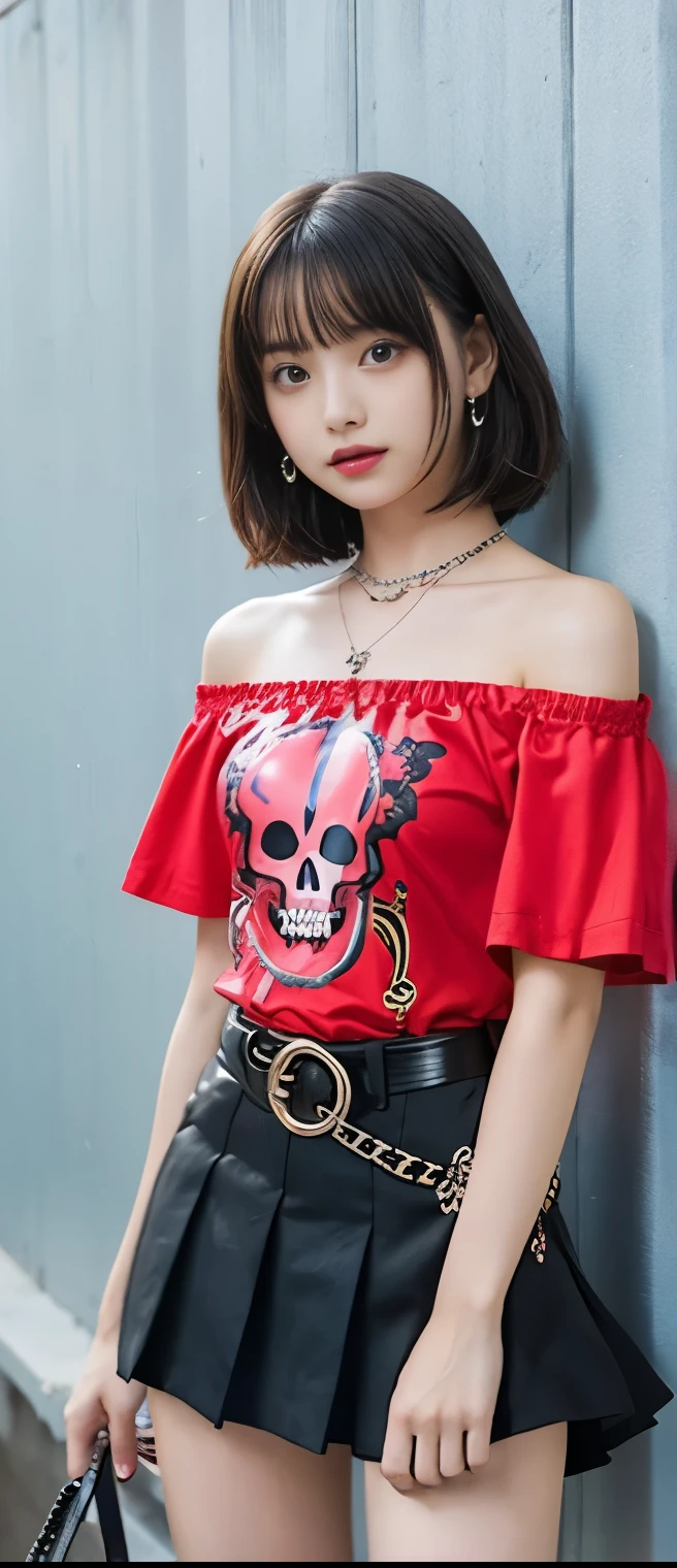 Cool Idol Girl ( short hair)、A pure girl's face、 hypo、 Skeleton Print Red Punk Shirt( off shoulder)、 pleated miniskirt 、Skeleton Belt、、Glowing Punk Town