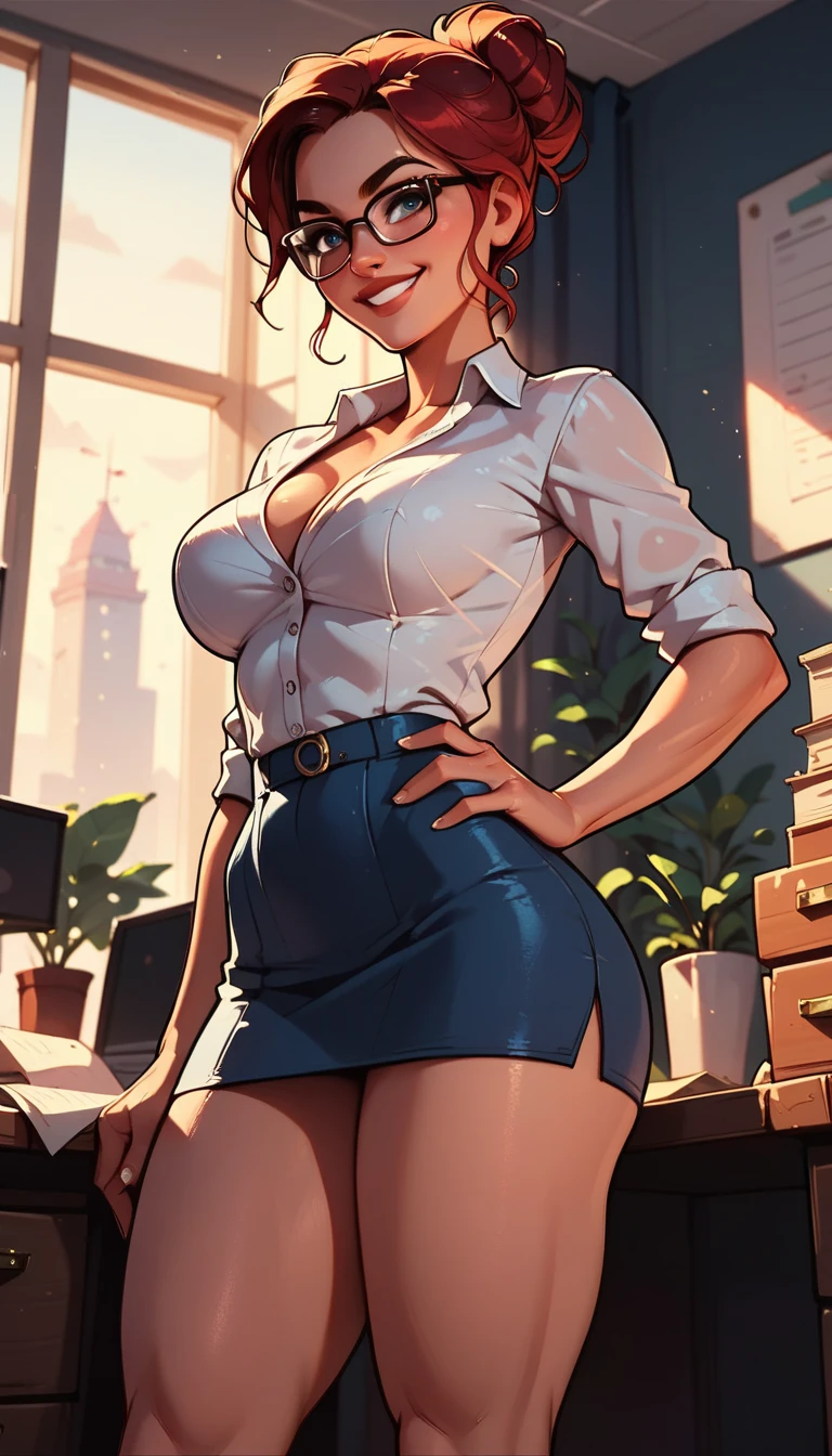 highest quality, masterpiece, High resolution, Photorealistic, RAW Photos, 8k wallpaper, perfection, Professional and bright lighting, Very detailed,(Big Breasts:1.3),(Tight waist),(Thin and beautiful legs), whole body, ((View your viewers)), Detailed face, Beautiful Eyes,smile,Braid,Sleeveless buttoned and collared shirt,Short tight skirt,An elegant pose,office