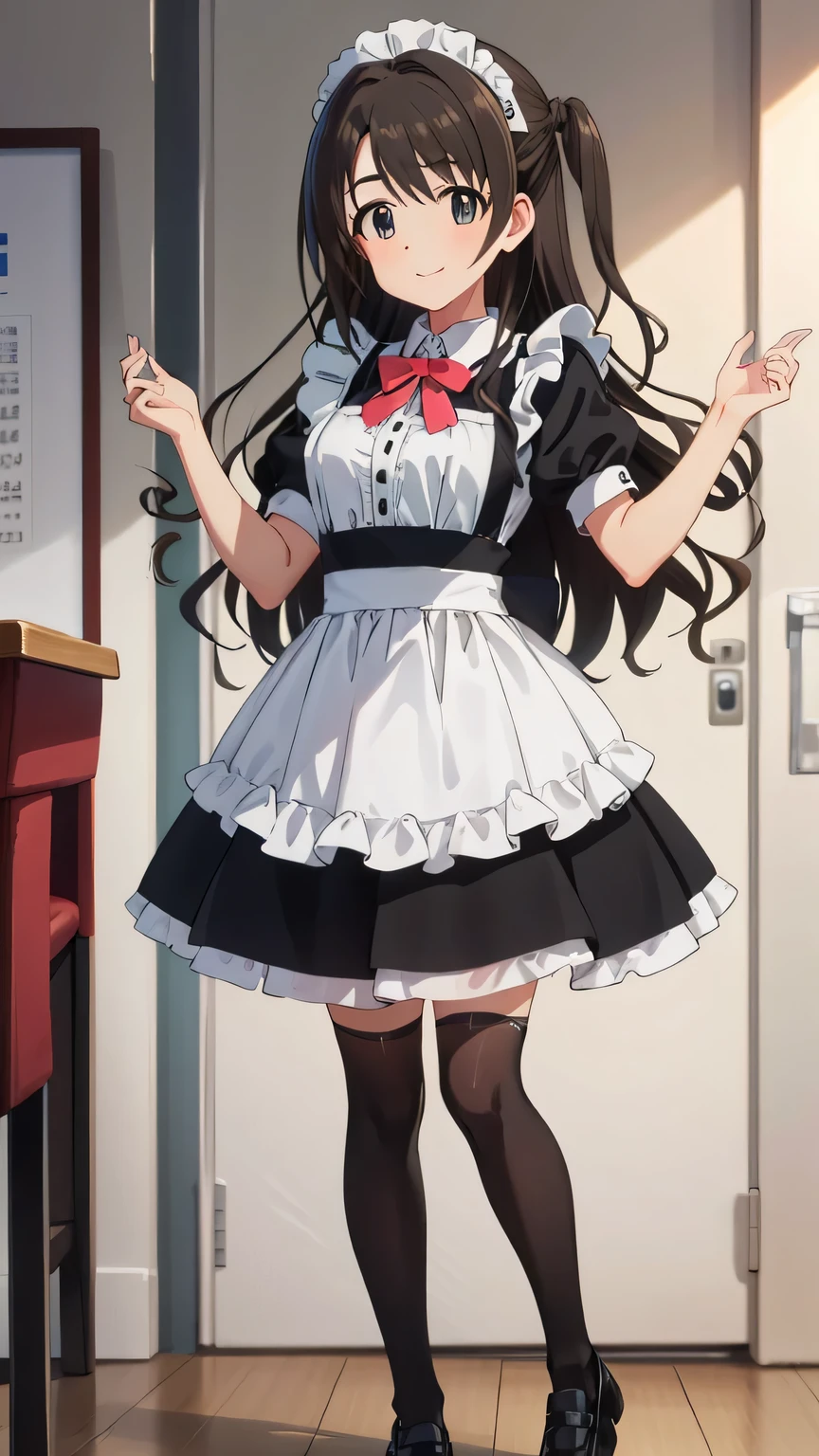 {{{masterpiece}}}, (best quality:1.5), (ultra-detailed:1.5), {illustration}, {{an extremely delicate and beautiful}}, (beautiful detailed eyes:1.6), absurdres, highres, extremely detailed face, 16k, hd, visual anime de uma jovem mulher, extremamente bonito rosto de anime, anime melhor garota, (perfect hands, perfect anatomy), anime face, uzuki shimamura(iDOLM@STER Cinderella Girls), 1girl, solo, cute face, long hair, brown hair, braid, (one side up:1.8), wavy hair, bangs, swept bangs, sidelocks, flushed cheeks, brown eyes, (High resolution eyes, Beautiful eyes, Light in the eyes), medium breasts, big hips, curvaceous, BREAK, maid attire, (black maid outfit:1.2), short sleeve, short skirt, white apron, headdress, white collar, (white thighhighs:1.3), black shoes, thighs, zettai ryouiki, BREAK, standing, flushed cheeks, sorriso alegre, smiling, visual anime de uma jovem mulher, extremamente bonito rosto de anime, anime melhor garota, indoor, daytime, Cafe, peer in from below