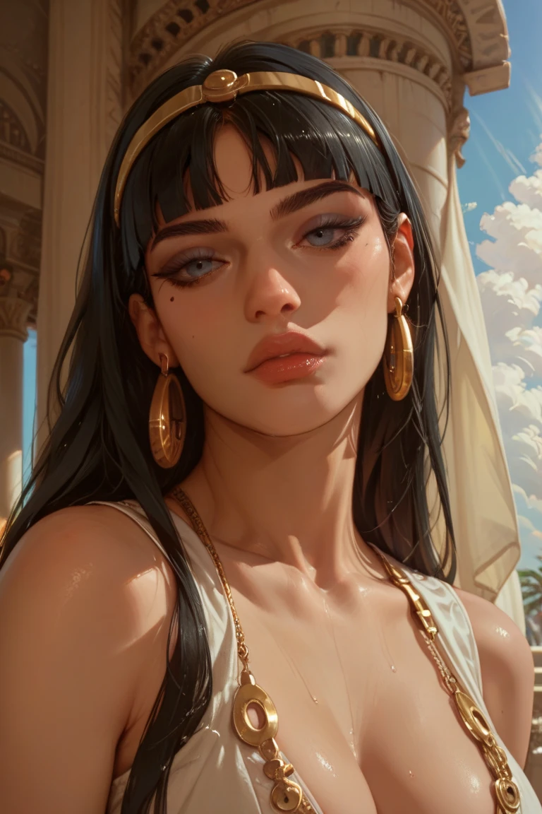 (masterpiece:1.2), (best quality:1.2), perfect eyes, perfect face, perfect lighting, photoshoot, 1girl, mature female wearing SSAHC, SSAHC, dark-skinned, colorful tribal dress, headdress, thick eyelashes, makeup, eyeshadow, medium hair, oasis, desert detailed outdoor backgrounds, sultry look, seductive