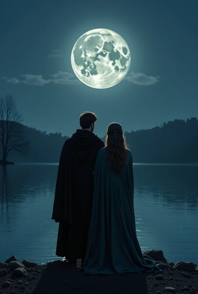 a portrait of a female druid standing with her husband near a window in a palace watching at night to the moon goddess, an exquisite beautiful woman, an exotic beautiful druid, priestess of nature, ultra feminine, full body, busty woman, most beautiful face ultra detailed face, ((anatomically correct: 1.5)) ultra detailed face, dynamic hair color, dynamic hair style, dynamic skin complexion, (best detailed face: 1.5), wearing a long robe, watching at night to the moon goddess, it is night time, the moon is full. enchanted moon, divine moon, some stars, the night sky are in shades of black, dark blue and purple, some clouds, divine rays, moon rays, fantasy palace of nature background, a river running near the temple, the moon reflected in the water, vibrant, Ultra-high resolution, High Contrast, (masterpiece:1.5), highest quality, Best aesthetics), best details, best quality, highres, ultra wide angle, 16k, [ultra detailed], masterpiece, best quality, (extremely detailed), 
