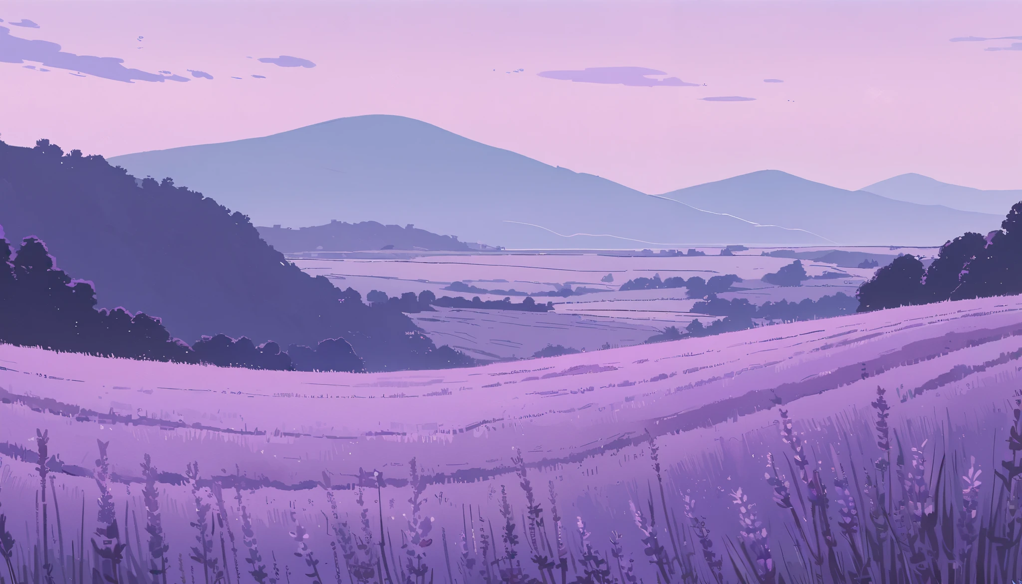 LAVENDER landscape , Pastel Purple Colors ,,Ghibli style ,Lofi ,cute ,Cozy , Landscape Wide Field Ultrawide Purple tone