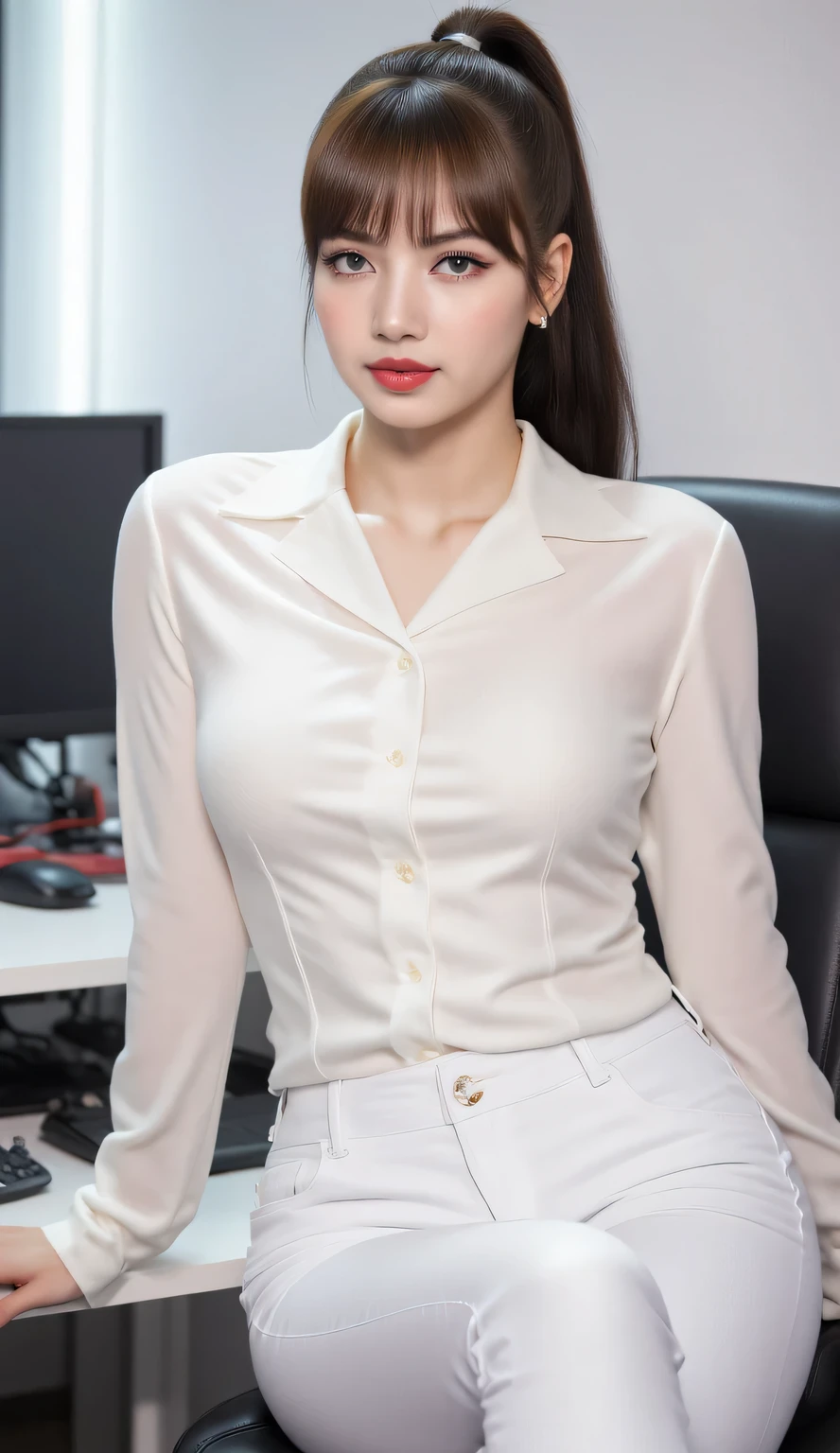 an office lady, sitting in an office chair , use formal shirt in white satin material, use white denim trousers , big boobs, red lips, rambut ponytail