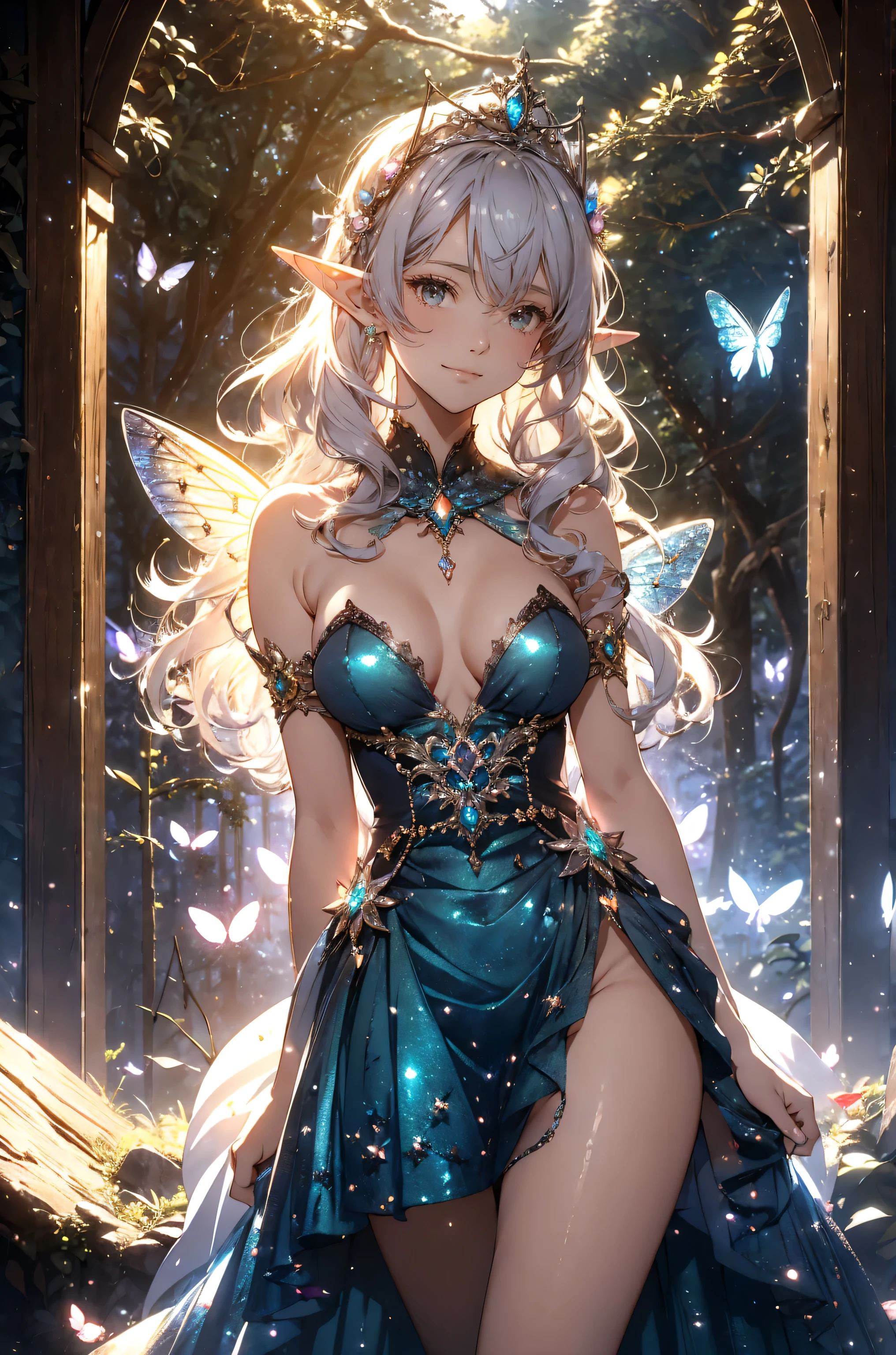 top quality mysterious in another dimension、(cowboy shot) ERO 1 WOMAN cute smile gentle gaze , Beautiful eyes 、 elf ears、butterfly々type fairy feather 、Flower Tiara、 Chest 130 Beautiful Constriction 、waist lineセクシー strongest 、 Beautiful Brown Skin 、Night starry sky、、Beautiful light and dark、 healing beautiful forest 、Deep Forest
、Long silver hair、(( open her legs))、 beautiful colorful see-through dress mini skirt、 Relaxed Atmosphere 、 Beautiful Young Body 、 Big Boobs 、like々Fresh skin, , high definition depiction , realistic fantasy beautiful illuminated light、Romanticism,,